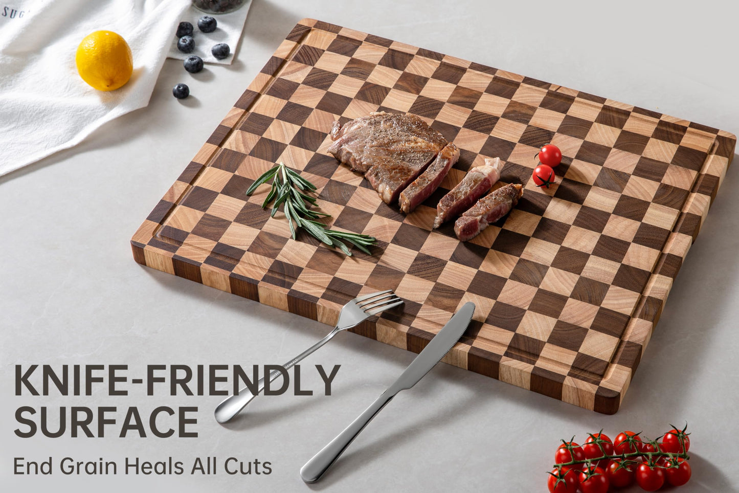 THETCHRY Cutting Boards for Kitchen, Extra Large Chopping Board for Stovetop, Checkered Acacia Wood Cutting Board with Juice Grooves, Butcher Block with Gift Box, 20" x 15" x 1"