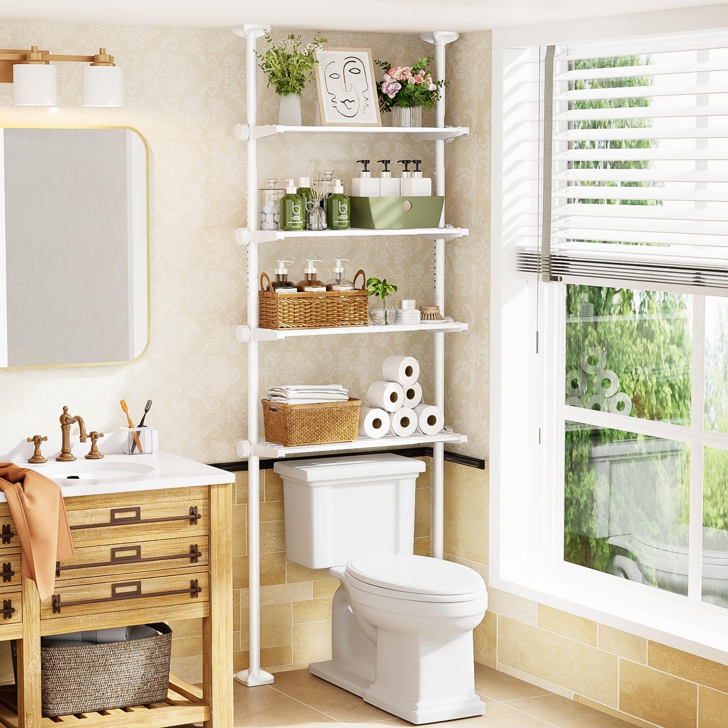 Bonpally Over The Toilet Storage Shelf, 4-Tier Adjustable Bathroom Organizer, No Drill Tension Mounted Shelves Metal, Space-Saving Bathroom Cabinet Rack Above Toilet for Small Bathroom Rooms, White