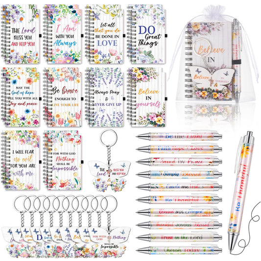 Dispowreath 80 Pcs Christian Gifts Bulk for Women Mother's Day Bible Verse Notebooks Ballpoint Pens Keychains with Organza Bags Inspirational Religious Scripture Gifts for Church Prayers Party Favors