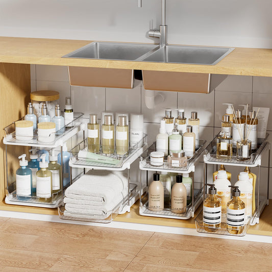 Delamu 2-Tier Multi-Purpose Bathroom Under Sink Organizers and Storage, Stackable Kitchen Pantry Organization, Pull Out Medicine Cabinet Organizer with Movable Dividers, White, 4Pack