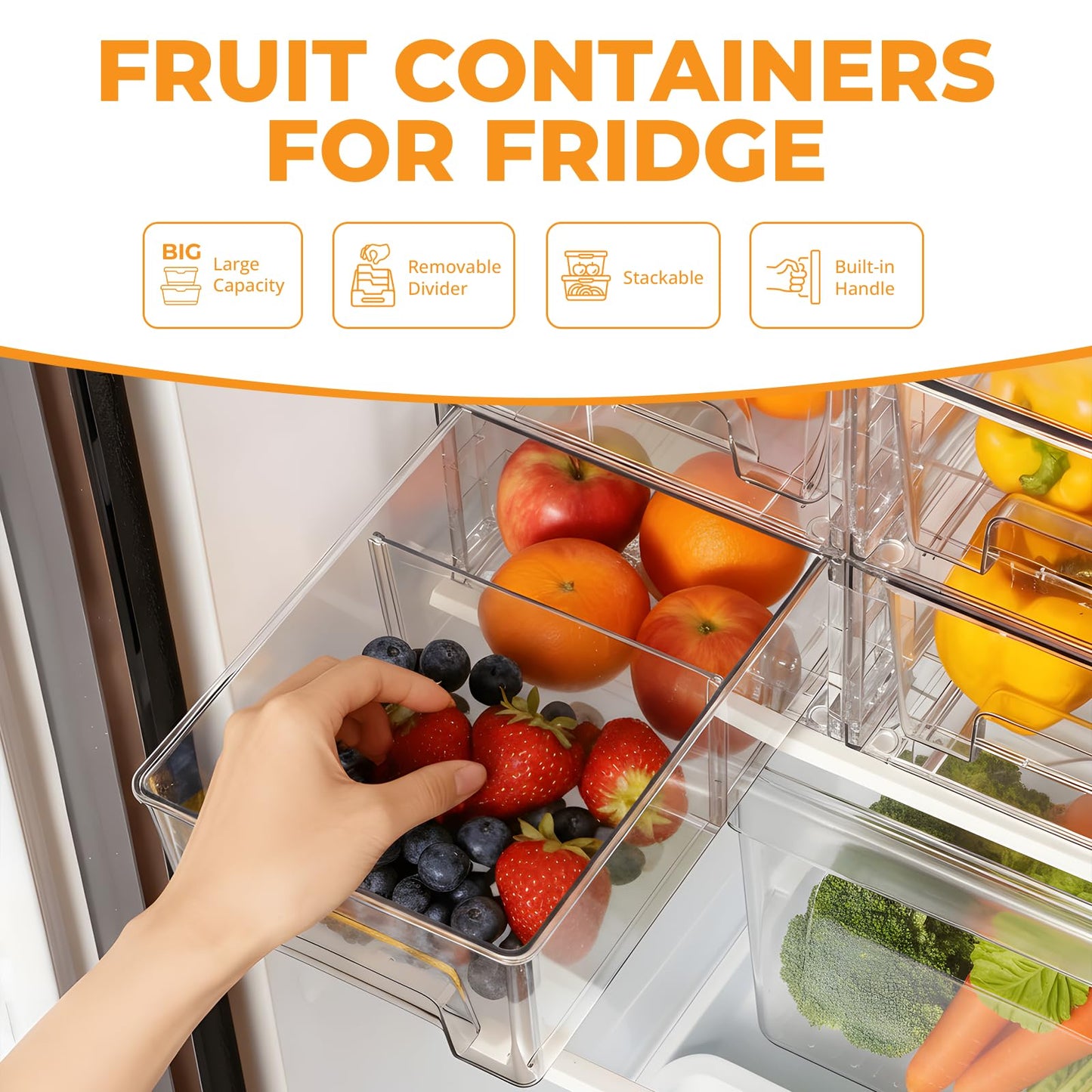 4 Pack Stackable Storage Drawers with Handles, Easy Assembly Clear Acrylic Fridge Organizer, Refrigerator Organizers and Storage for Kitchen, Under Sink, Pantry, Bathroom
