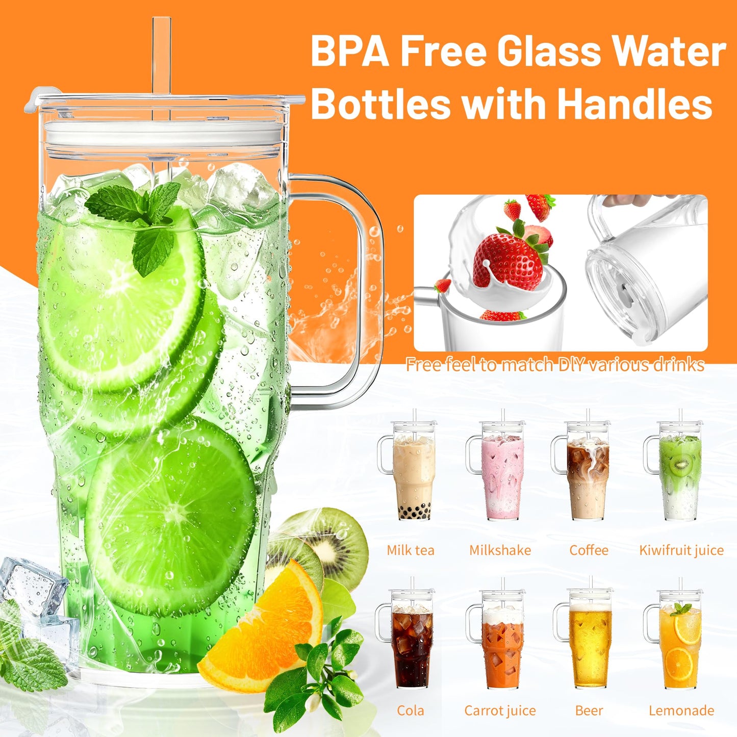 2Pack 40OZ Glass Tumbler with Handle,Glass Cup with Lid and Straw,Reusable Glass Iced Coffee Cup for Beer, Smoothies, Juice,Hot/Cold Drinks-Suitable for Birthday,Wedding