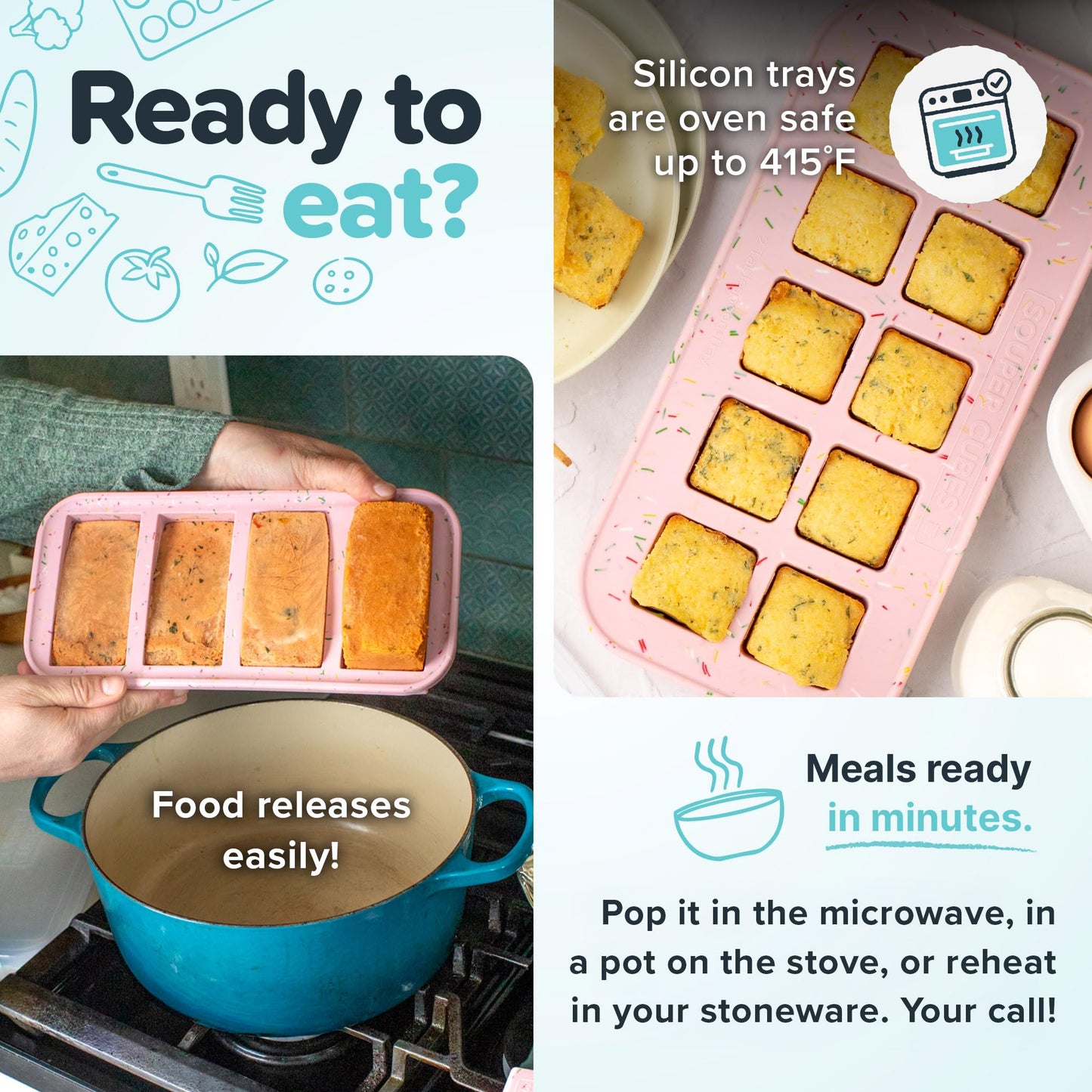 Souper Cubes 2 Cup Silicone Freezer Trays, 100% Platinum-Cured Silicone Freezer Mold, Oven and Microwave Safe, Perfect for Storing Lasagna, Casseroles and More - Cotton Candy, 2-Pack