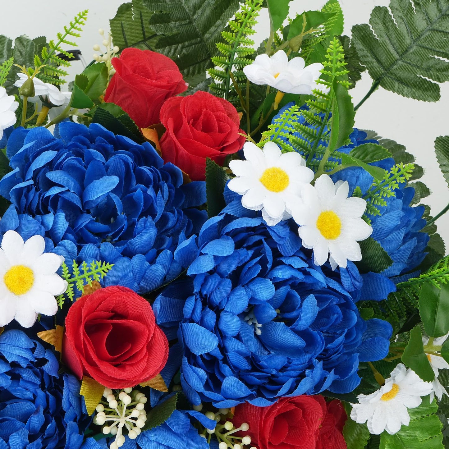MHMJON Artificial Saddle Flowers for Cemetery Headstone, Realistic Red White Blue Flowers Fake Mums Silk Rose Floral Arrangement Saddle for Headstone Grave Tombstone 4th of July Decor