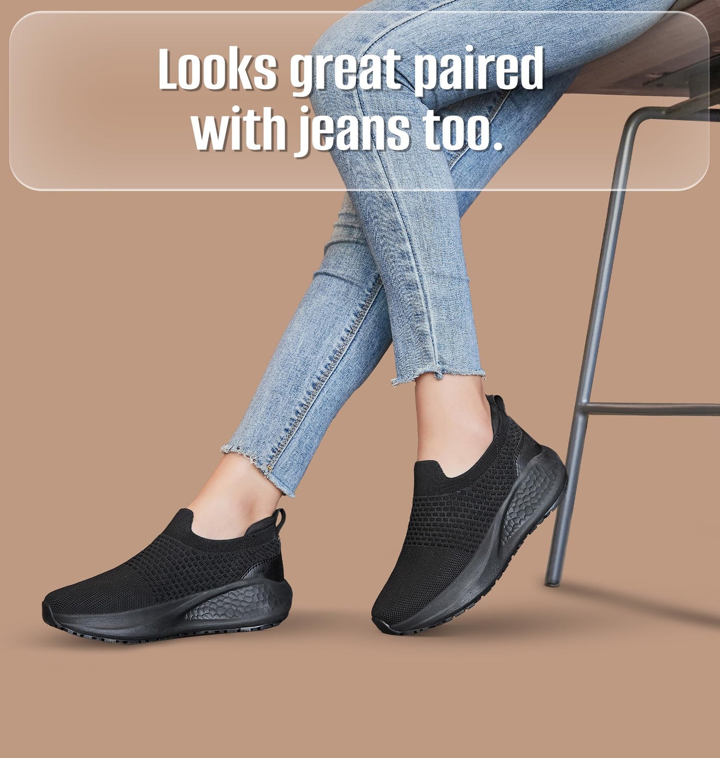 SHULOOK Non Slip Work Shoes for Women Slip Resistant Sneakers Mesh Slip On Food Service Shoes Chef Kitchen Restaurant Lightweight Comfortable Sock Shoes Black Size 8