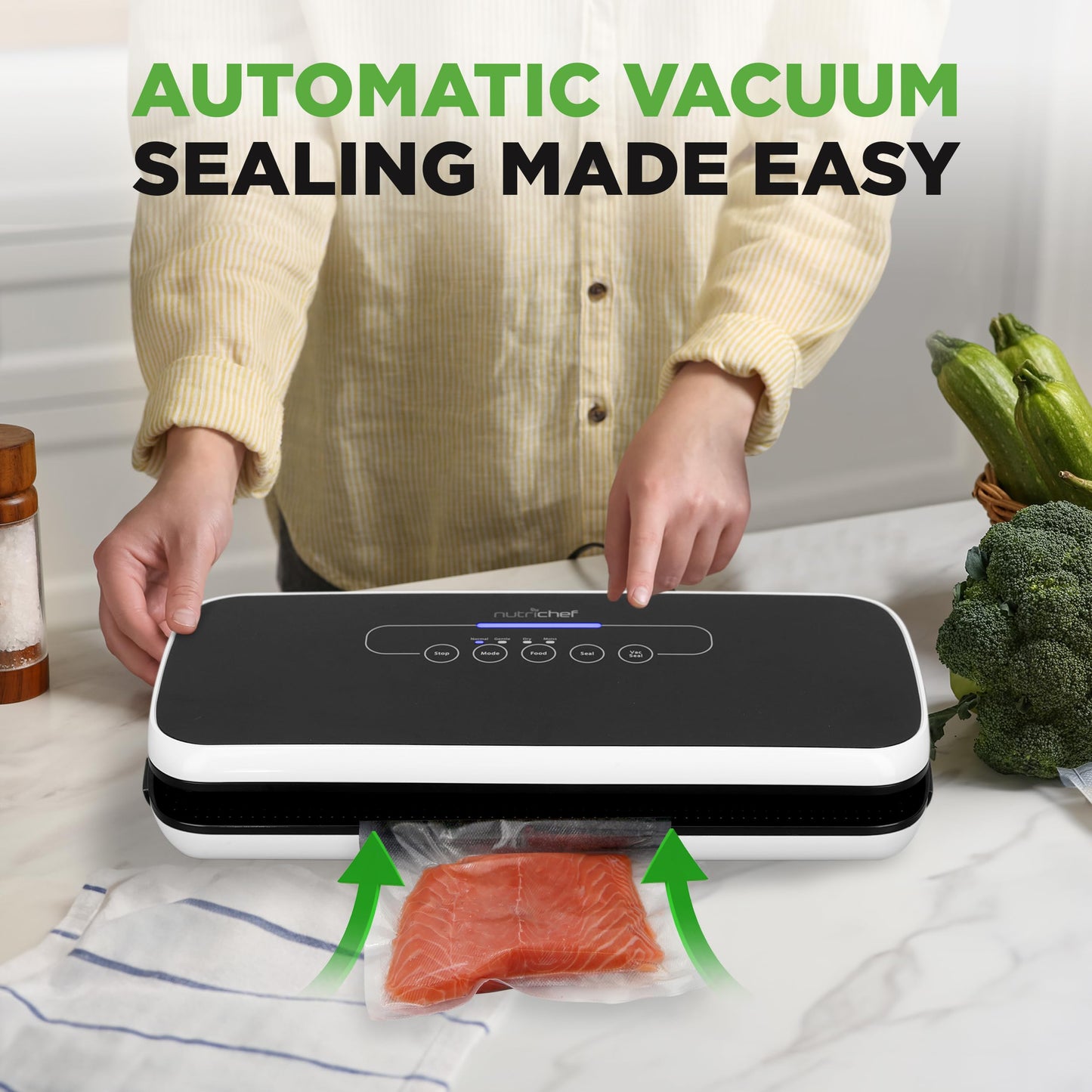 NutriChef Automatic Food Vacuum Sealer, Electric Air Sealing Preserver System for Dry and Moist Foods, LED Control, Strong Suction, Includes Bags, Wine Stopper Cork, and Air Suction Hose, 14”x6”x3”