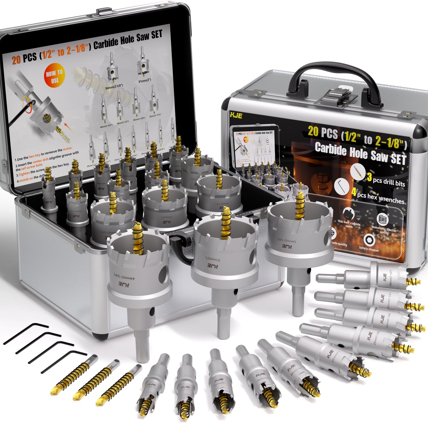 KJE 20 in 1 (1/2"to 2-1/8") Carbide Hole Saw Kit for Metal - Heavy Duty TCT Hole Cutter Drill Bits Set with Titanium Pilot drills & L-Wrenches & Aluminum Box, for Stainless Steel/Iron/Aluminum | Metal