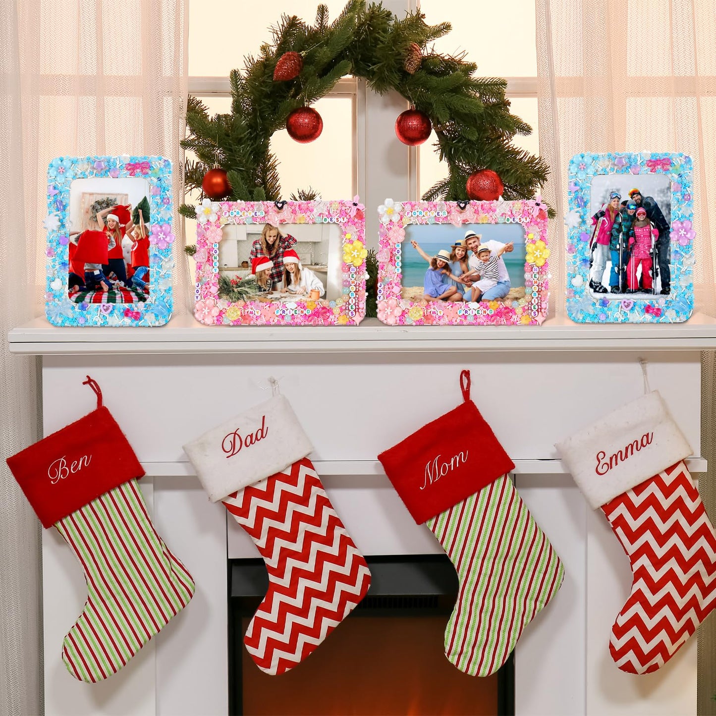 Thyle Picture Frame Painting Craft Kit for 4 x 6 Inch Photo 4 Pcs DIY Unfinished Wooden Picture Frames with Beads Stickers Tweezers for DIY Craft Christmas Halloween Gifts