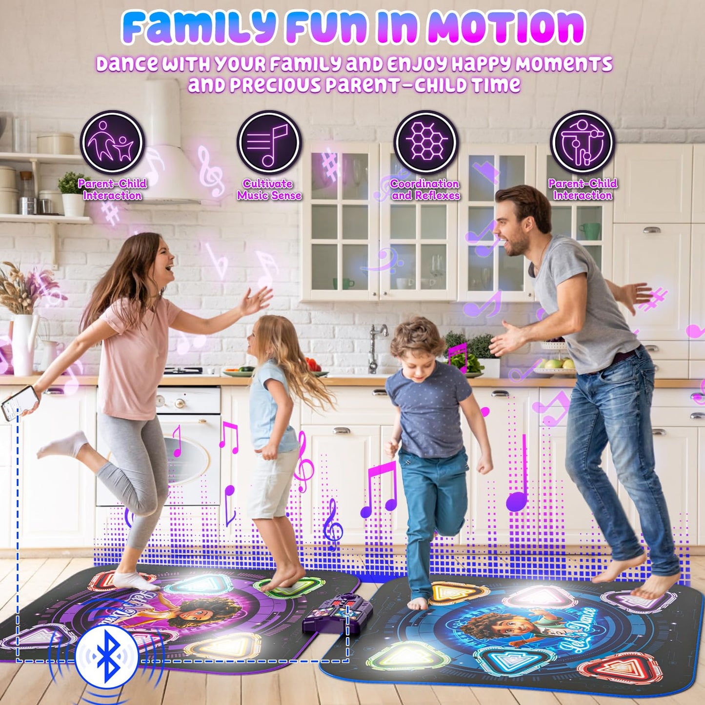 Dance Mat, 2025 Light Up 2-Player Opposing Dance Pad with Single & Double Player Modes, 12-Button Dancing Toys Music Games with Wireless Bluetooth, Birthday for 3-12 Year Old Boys Girls