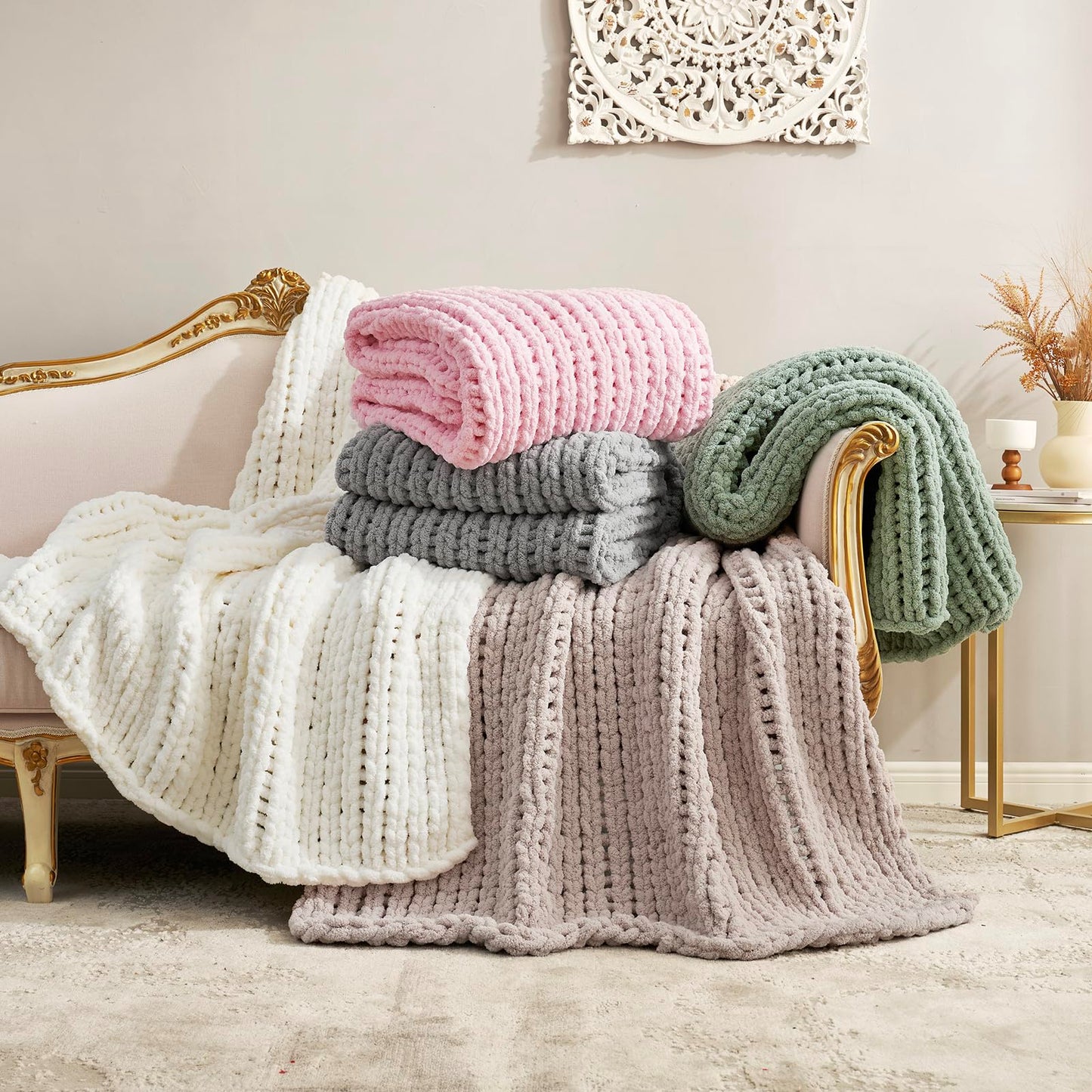 Amélie Home Chunky Knit Throw Blanket for Couch, Soft Chenille Crochet Blanket for Sofa, 50"x60", Ivory