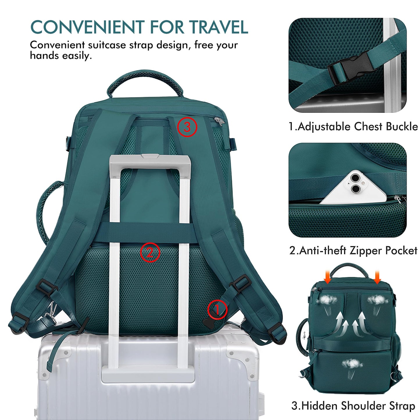 Beraliy Travel Backpack for Women as Personal Item Travel Bag Flight Approved, Carry On Backpack, 17.3 Inch Laptop Backpack, Travel Bag, Waterproof Hiking Backpack, Peacock Blue