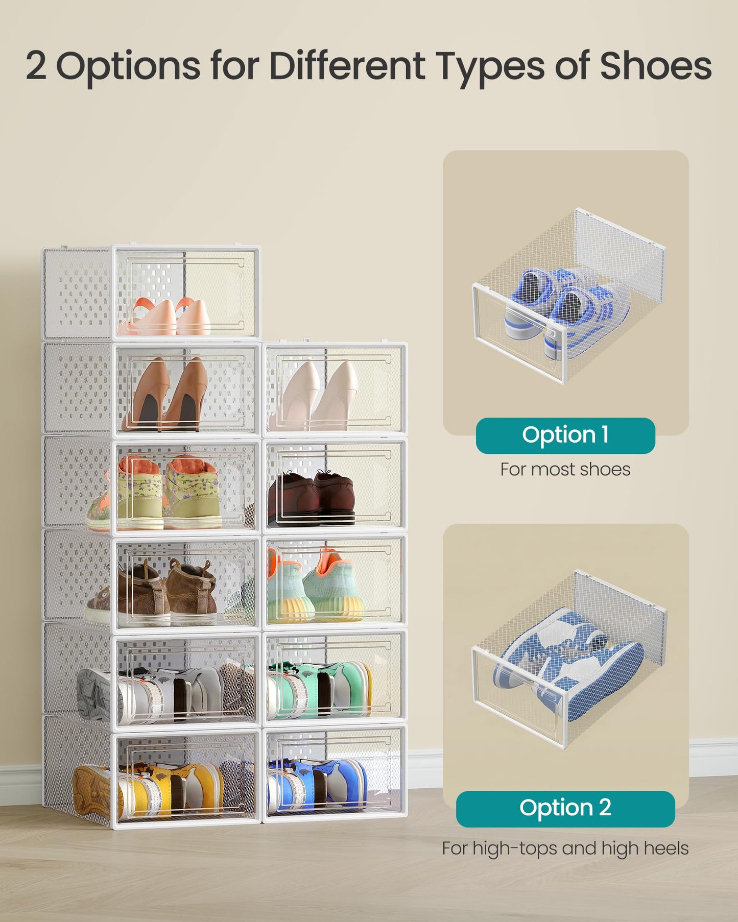 SONGMICS Shoe Boxes, Pack of 15 Shoe Storage Organizers, Stackable Clear Plastic Boxes for Closet, Sneakers, 13.1 x 9.1 x 5.6 Inches, Transparent and White ULSP015W02