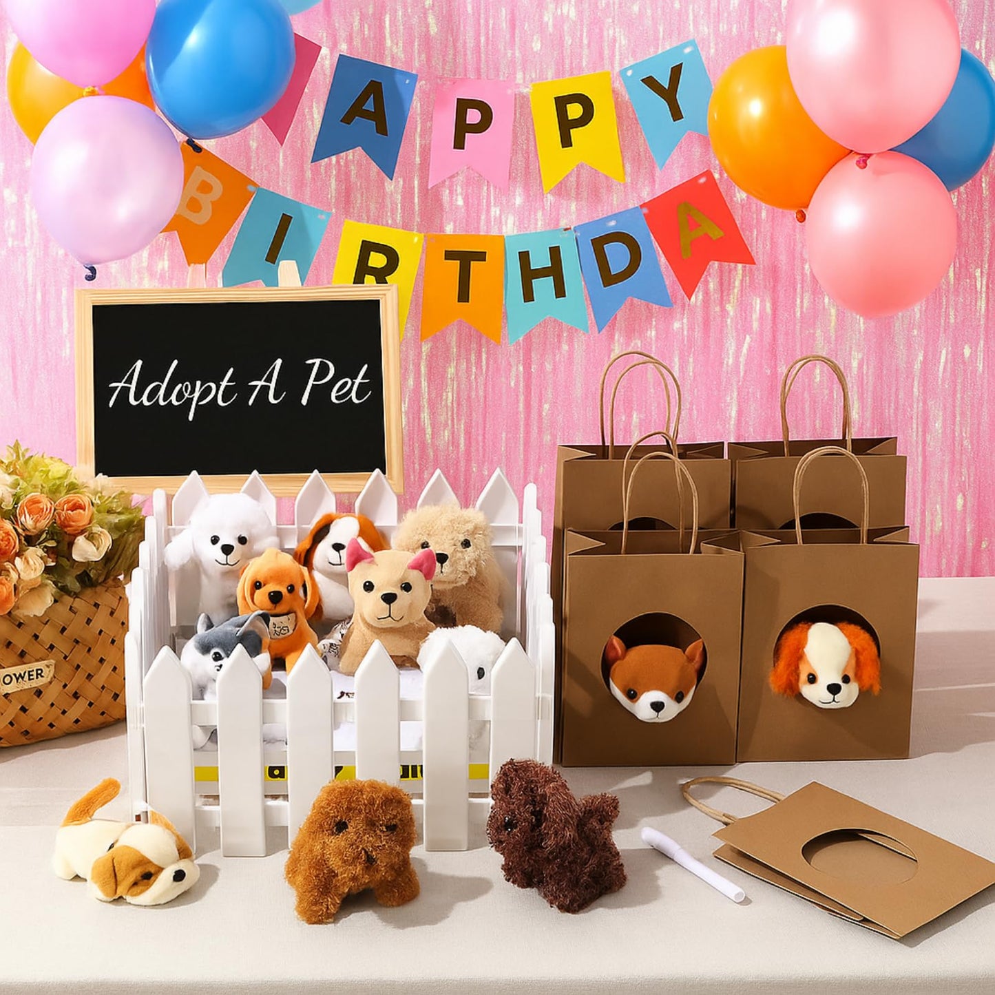 Arrowbash 36 Pcs Puppy Birthday Party Favor Mini Plush Stuffed Animal Dog Set with 10 White Plastic Fence 12 Kraft Paper Gift Bags Wooden Chalkboard Sign for Adopt a Pet Dog Birthday(Classic)