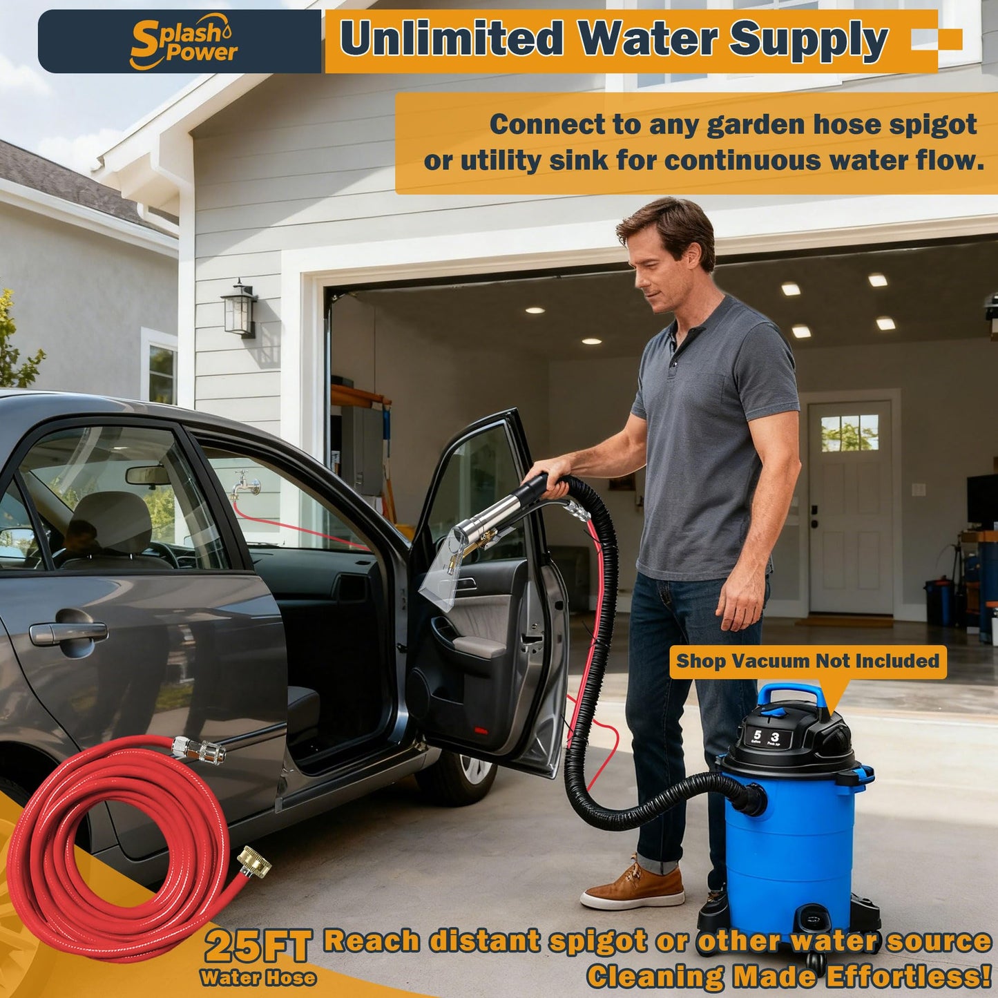 SplashPower Shop Vac Extractor Attachment Kit for Wet/Dry Vacuum, Universal Hose Adapter for Carpet Upholstery Cleaning & Auto Detailing