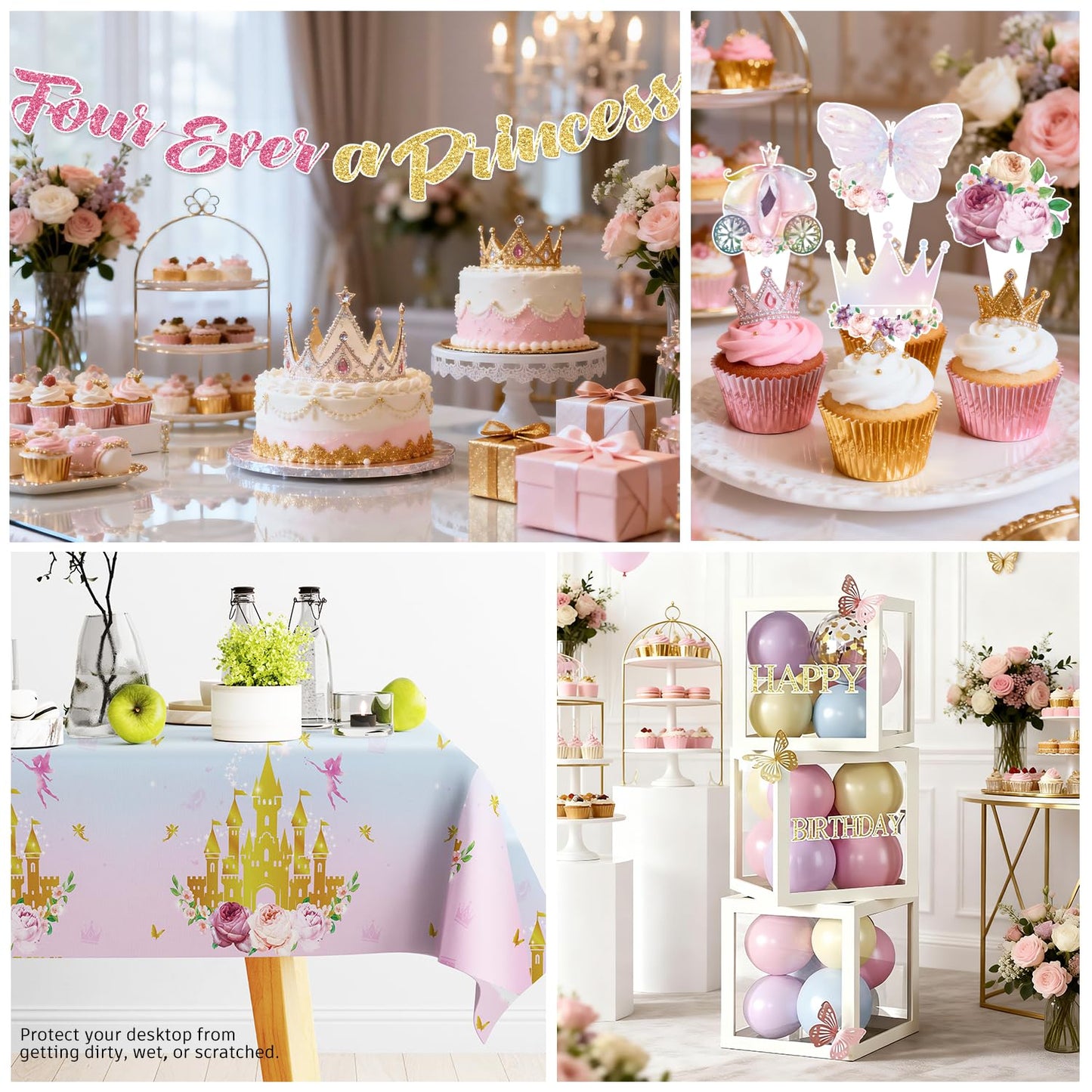 293 Pcs Four Ever a Princess Birthday Decorations, Princess Party Decorations Set Serves 25 - Banner, Balloon Arch Kit, Tableware, Cake Toppers, Backdrop for 4th birthday decorations girl