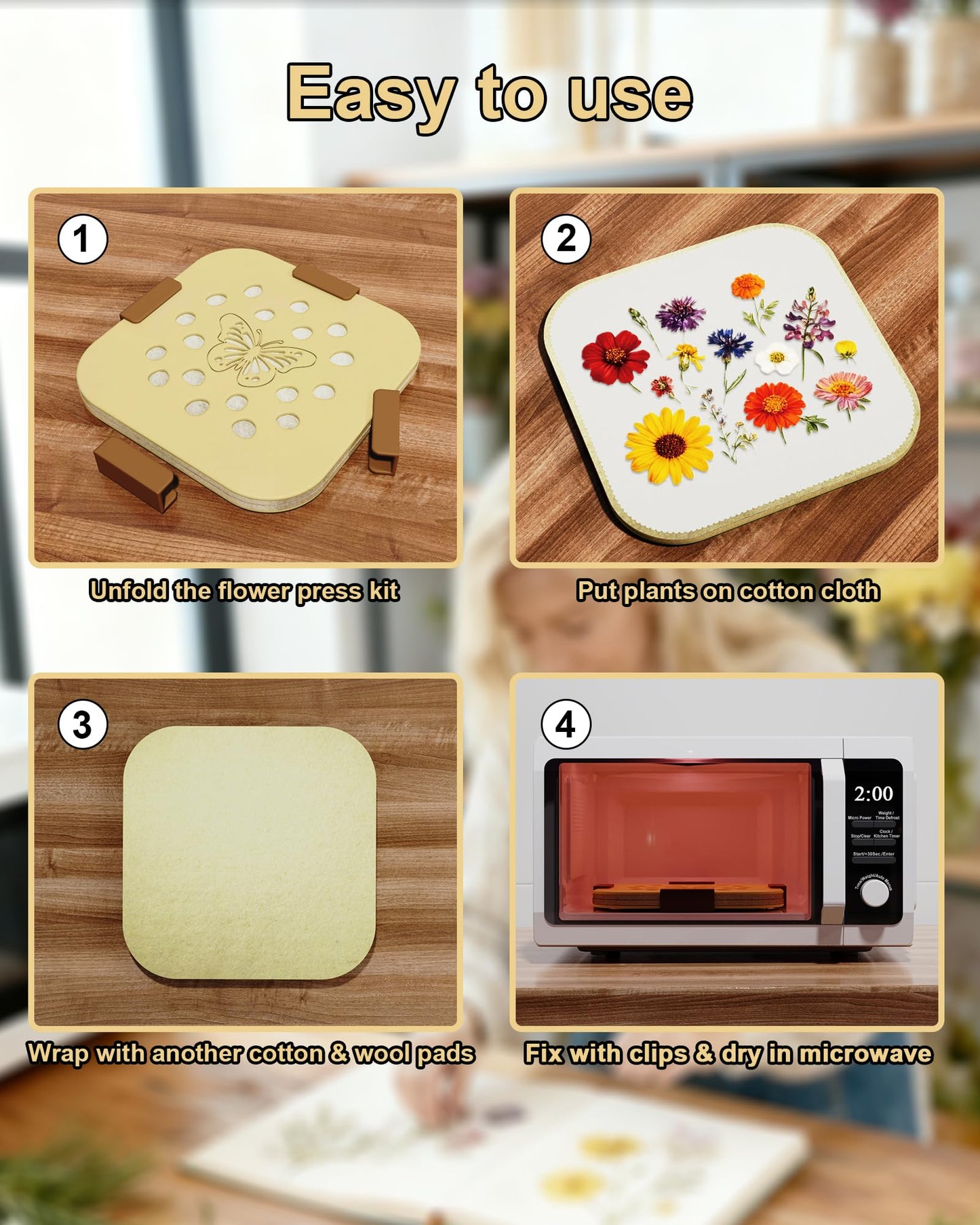 NEIGIKI Microwave Flower Press Kit, 9" Fast-Drying Flower Pressing Kit with Reusable & Washable Cloth, Vibrant Color Retention for Crafts Pressed Flowers, Great Gifts for DIY Art Craft Lovers