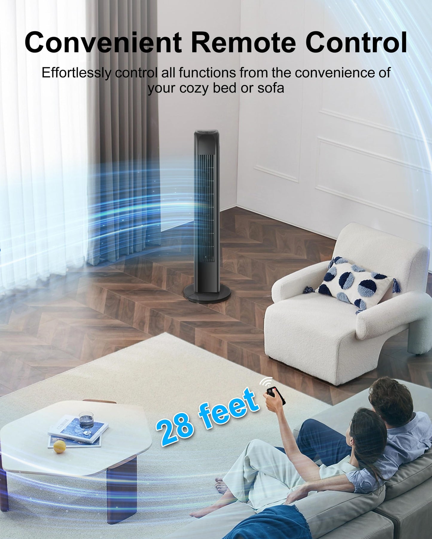 Uthfy Oscillating Tower Fan for Bedroom, Portable Standing Fan with Remote, 3 Modes 3 Speeds, 7.5H Timer, 120° Quiet Cooling for Living room, Office, Black