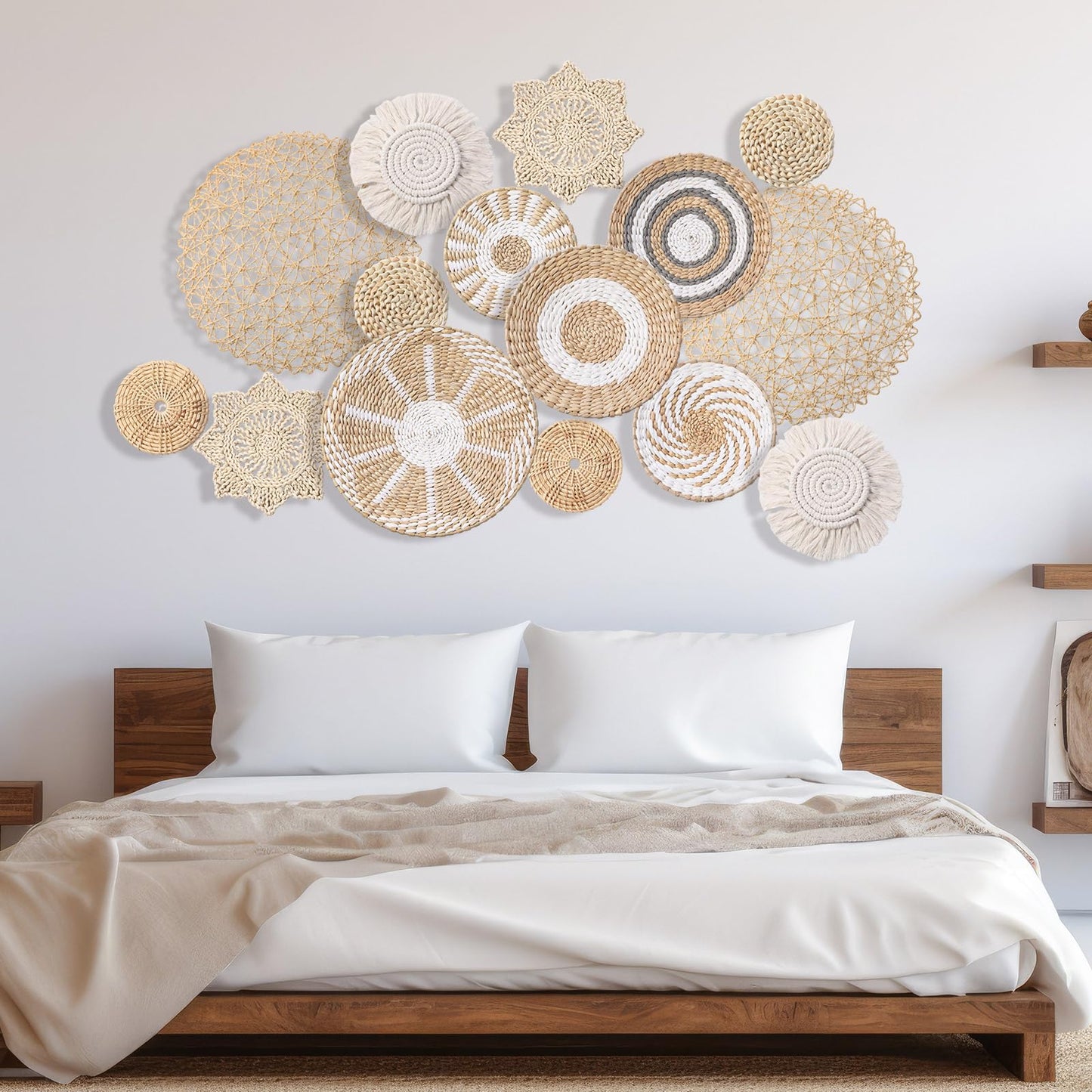 Anglechic 15 Pcs Boho Wall Basket Decor Woven Rattan Seagrass Wall Decor Hanging Rustic Farmhouse Western Art Decoration for Nursery Living Room Bedroom Home Kitchen(Grey White Style)