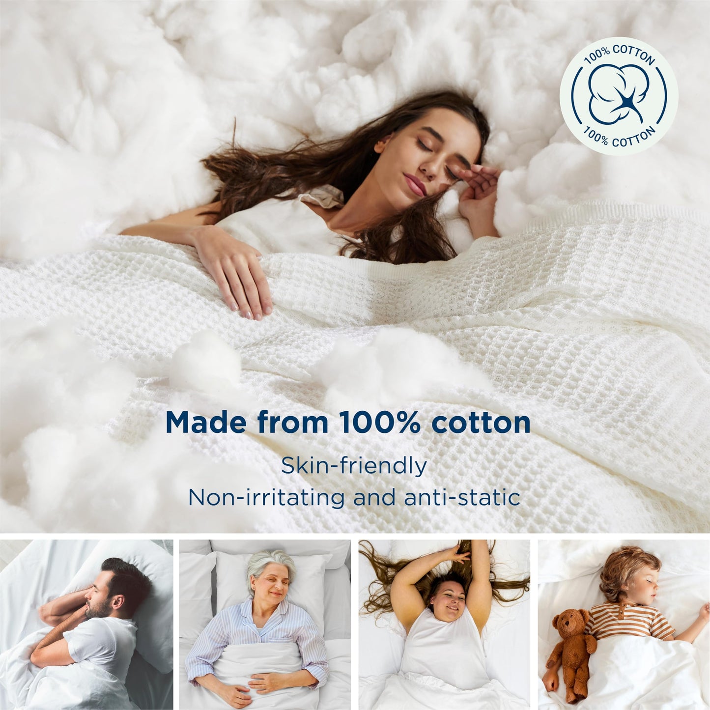 Bedsure 100% Cotton Blanket Full Size for Bed - Cooling Breathable and Soft for Summer, Thick Cozy Waffle Weave Blanket Gifts for Women, White, 80x90 Inches