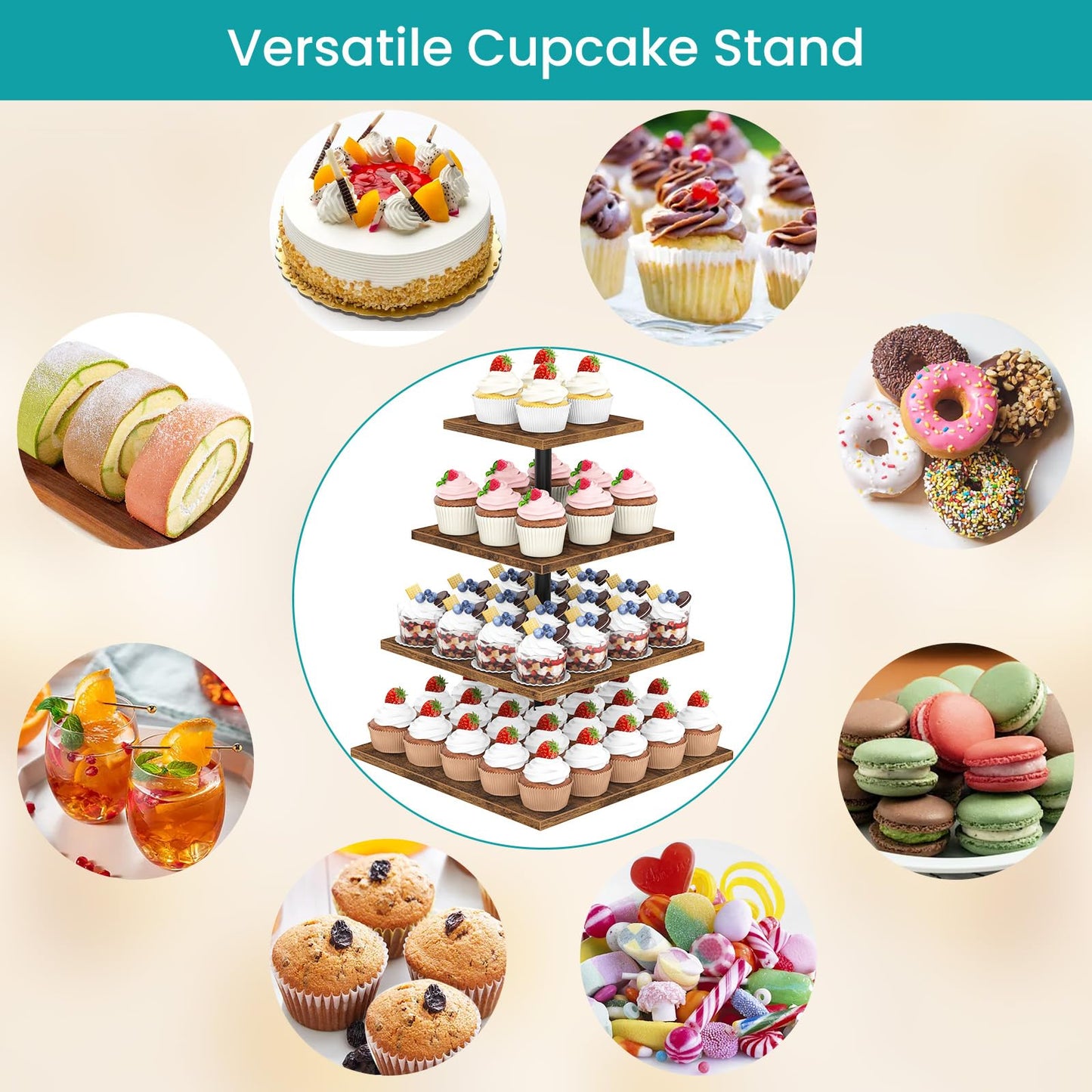 ELITEROO 4 Tier Cupcake Stand, 360 Rotating Cupcake Stand for 50 Cupcakes, Square Tiered Cup Cake Tower Holder, Wooden Dessert Display Stands for Party Wedding Graduation Birthday Baby Shower