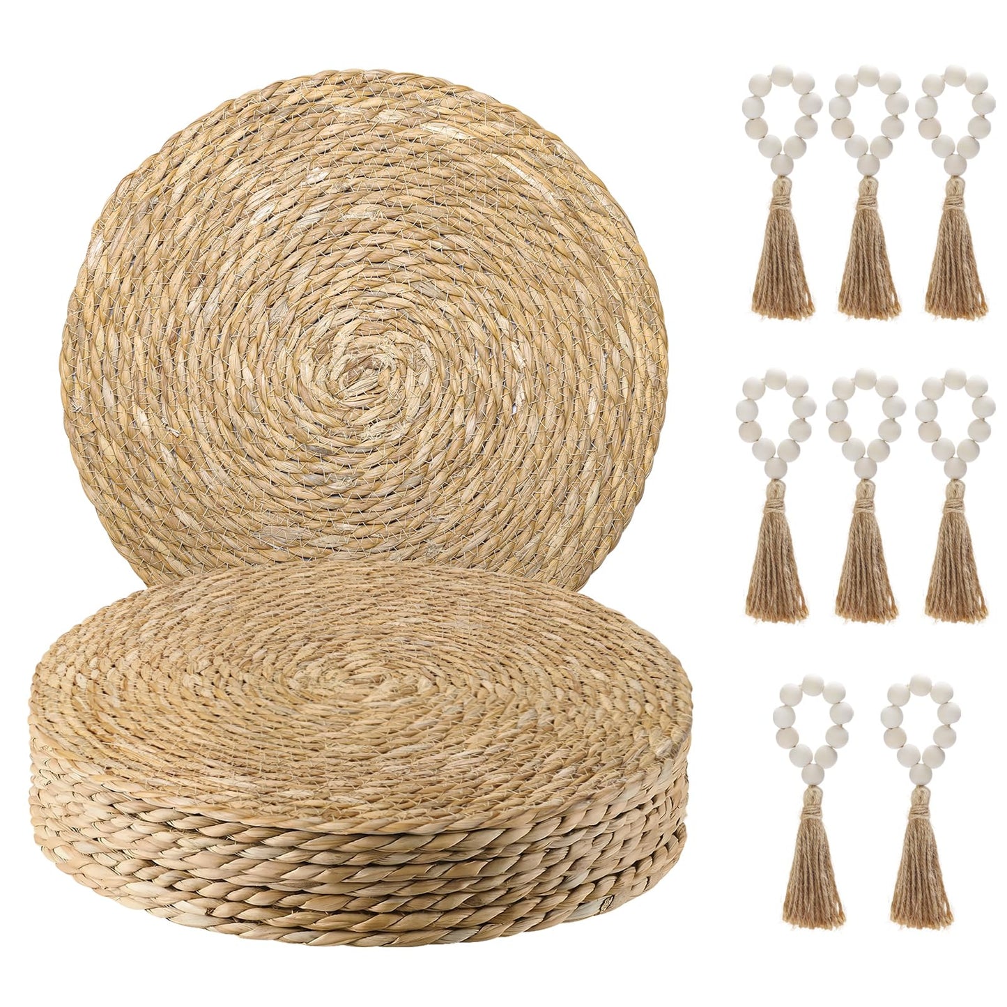 Hardcometrue Woven Placemats Set of 8, 13.8" Natural Water Hyacinth Round Rattan Placemats with Wooden Beads Napkin Rings for Kitchen Dining Table Decor