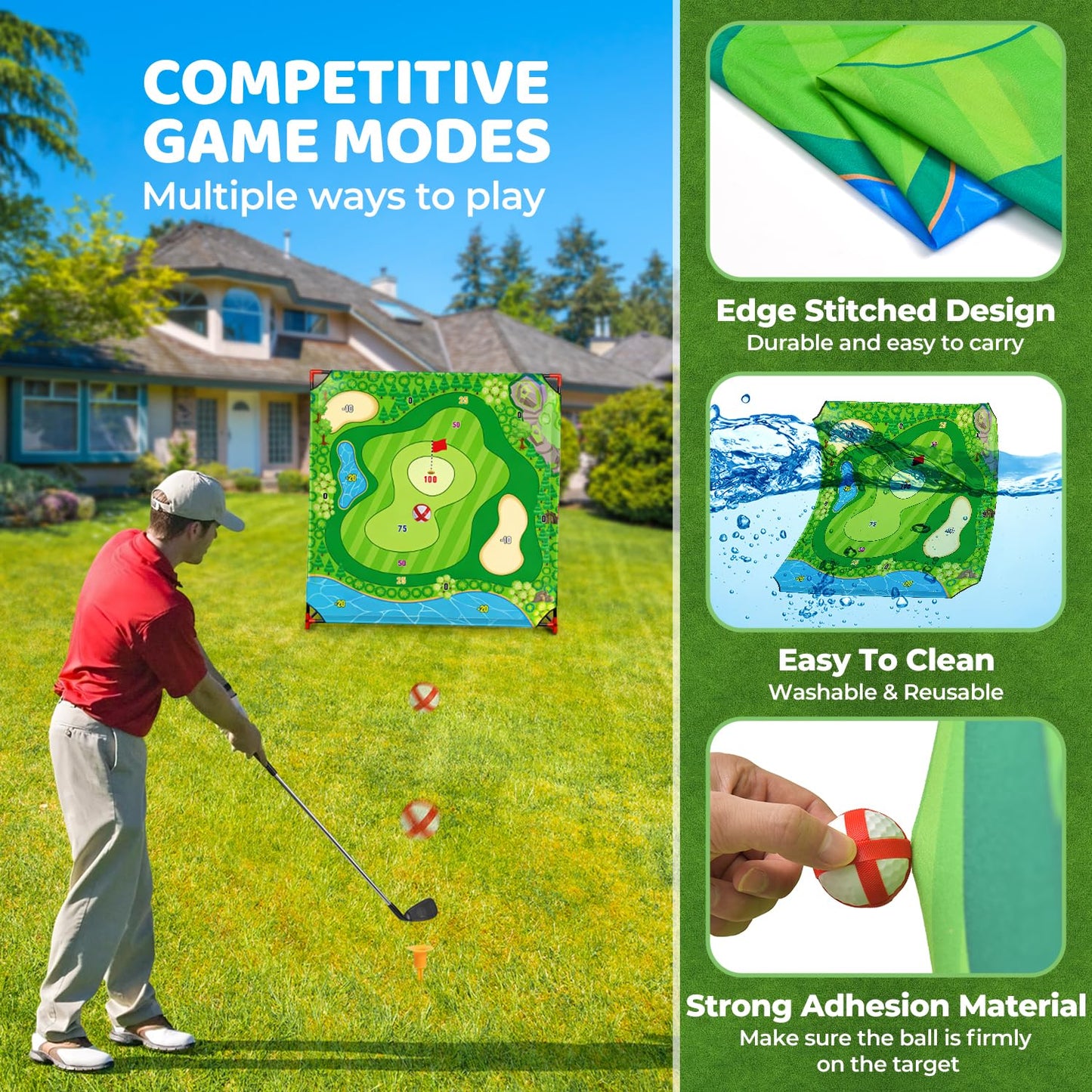 DyBaxa Golf Chipping Game - Golf Battle Game for Kids, 54*54 Golf Target Mat with 16 Sticky Balls, 8 Bean Bag, 6 Axe, 2 Soccer, Perfect for Family Fun, Outdoor Lawn, Poolside, Backyard Party Activity