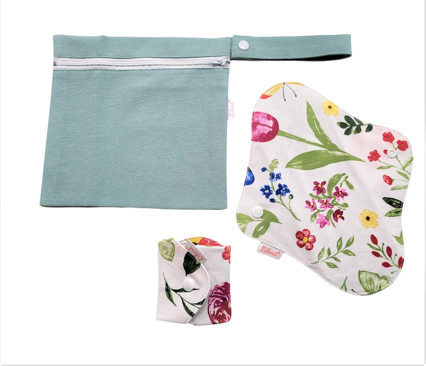 Lilind® 6 Pack Organic Cloth Pads, Regular 9 inch 100% Cotton Reusable Menstrual Sanitary Napkins, Free Wet Bag, Complete Set, Zero Waste