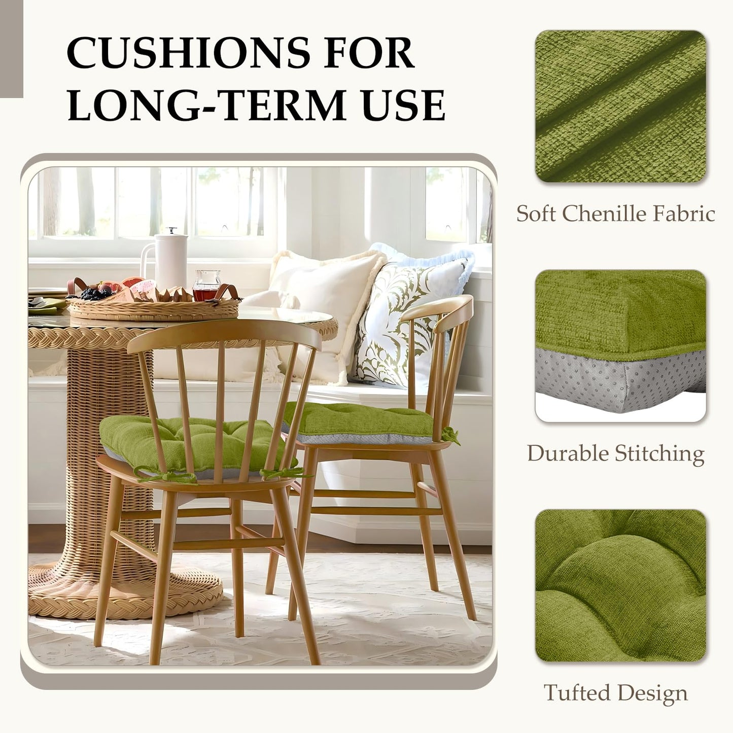 HARBOREST Chair Cushions for Dining Chairs Set of 4 - Chenille Tufted Kitchen Chair Cushions with Ties and Non-Slip Bottom, Foam Chair Pads for Dining Chairs, 17" x 17", Green
