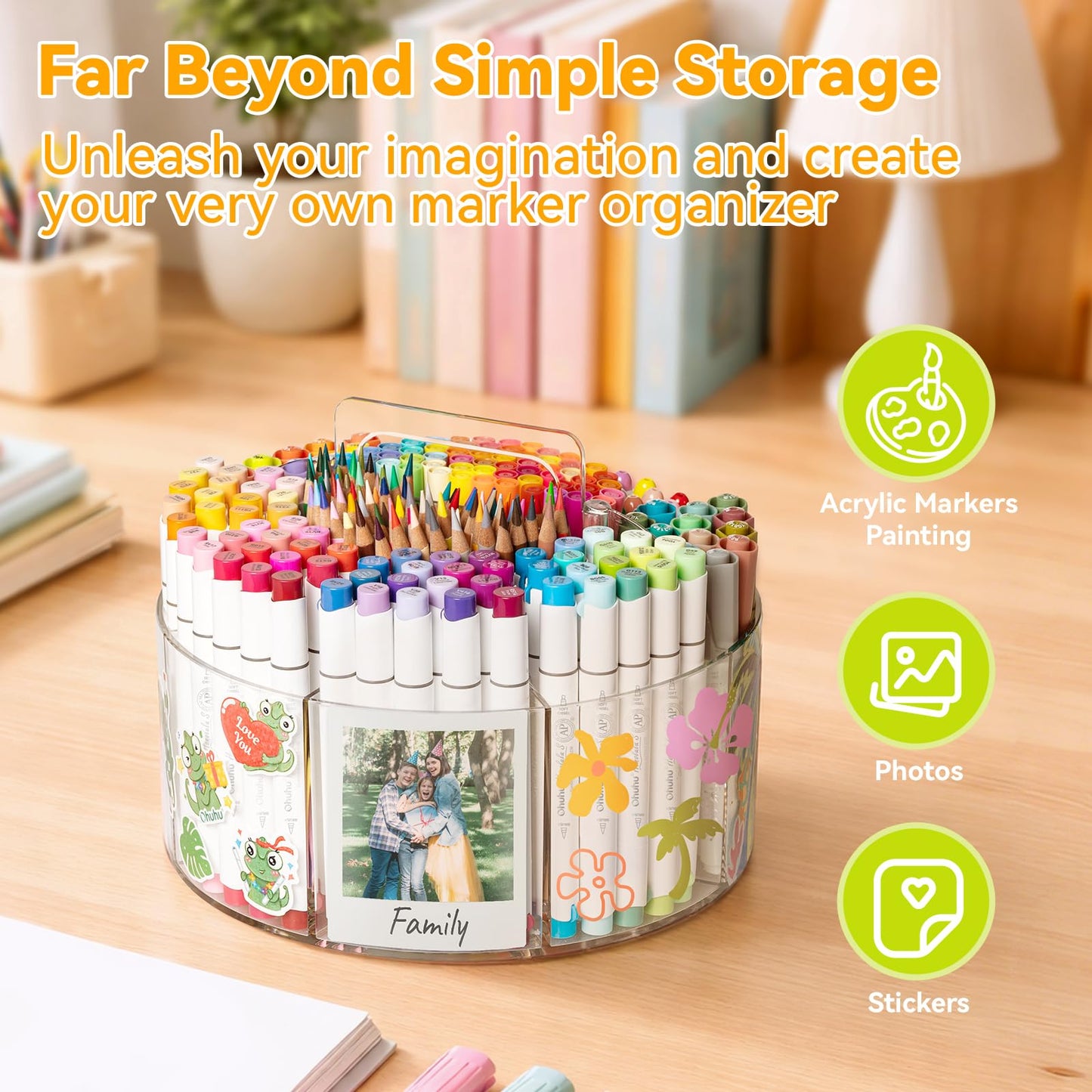 Ohuhu Acrylic Marker Organizer for Alcohol Markers, 360° Rotating Clear Acrylic Holder with Hidden Handle, 10 Compartments for Markers, Pens & Pencils, Home Classroom Office Desk Organizer