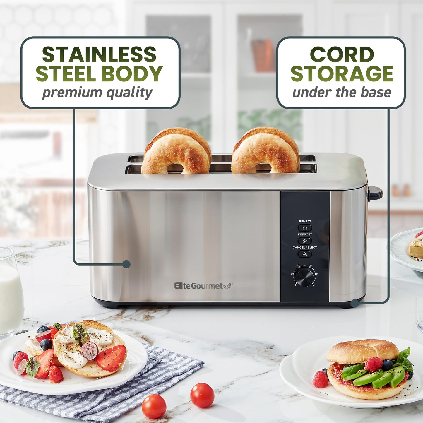 Elite Gourmet ECT3401 Long Slot 4 Slice Toaster, 1.5” Slot Width, 6 Toast Shade Settings, Reheat, Defrost & Cancel Functions, Extra Large Slots for Bagels, Waffles, Artisan Breads, Stainless Steel