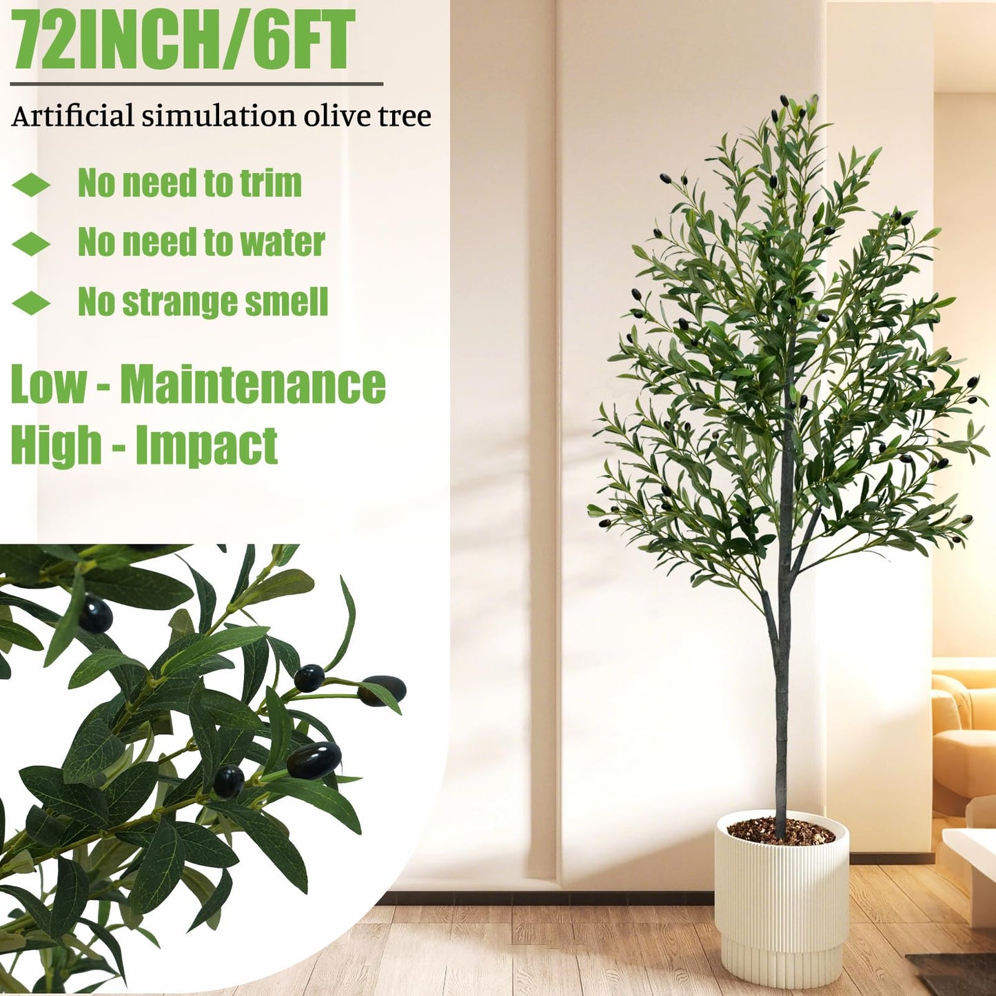 6FT Artificial Olive Tree,Artificial Plants Indoor,Faux Olive Tree Indoor with Natural Wood Trunk and Realistic Leaves and Fruits for Home Office Decor
