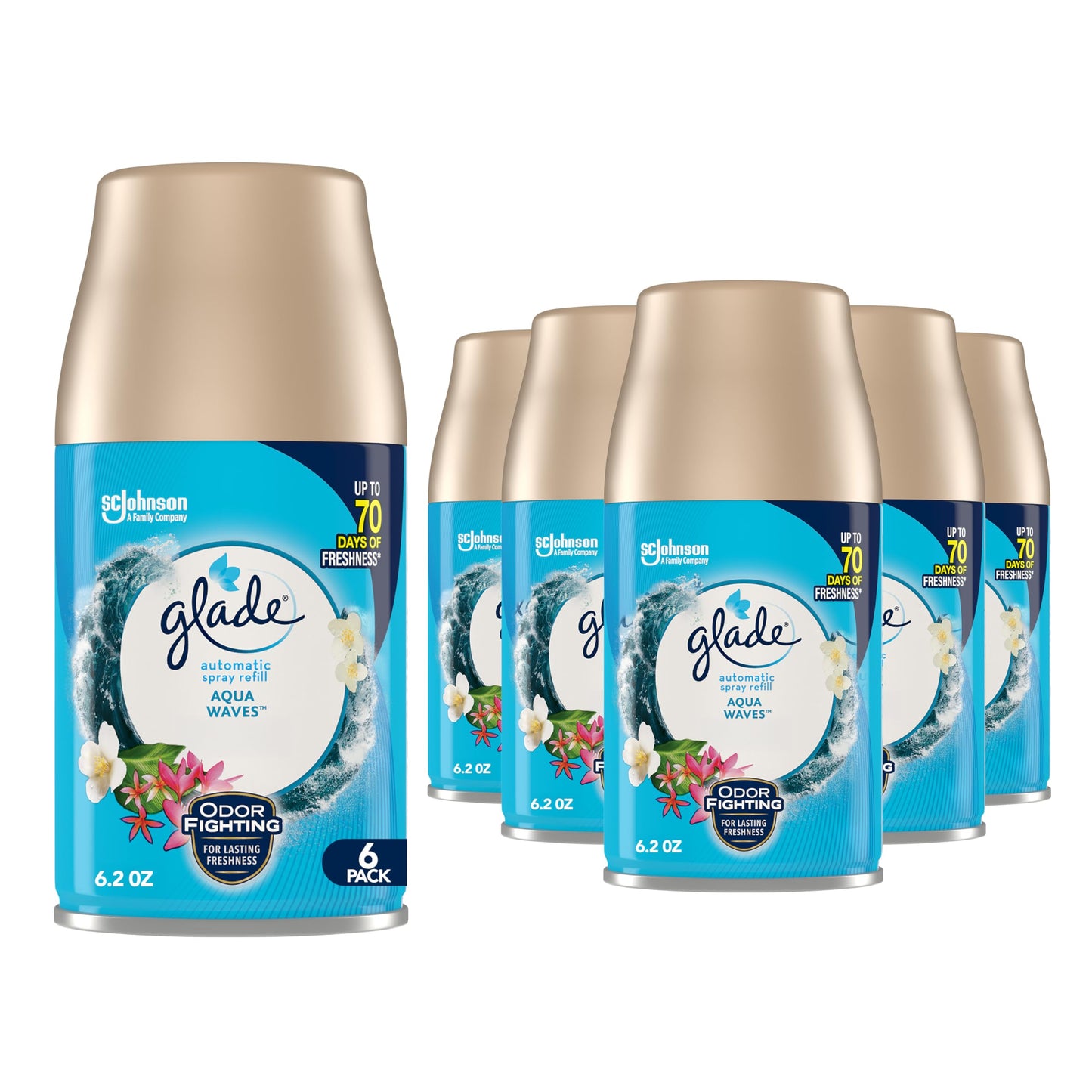 Glade Automatic Spray Refill, Air Freshener for Home and Bathroom, Aqua Waves, 6.2 Oz, 6 Count