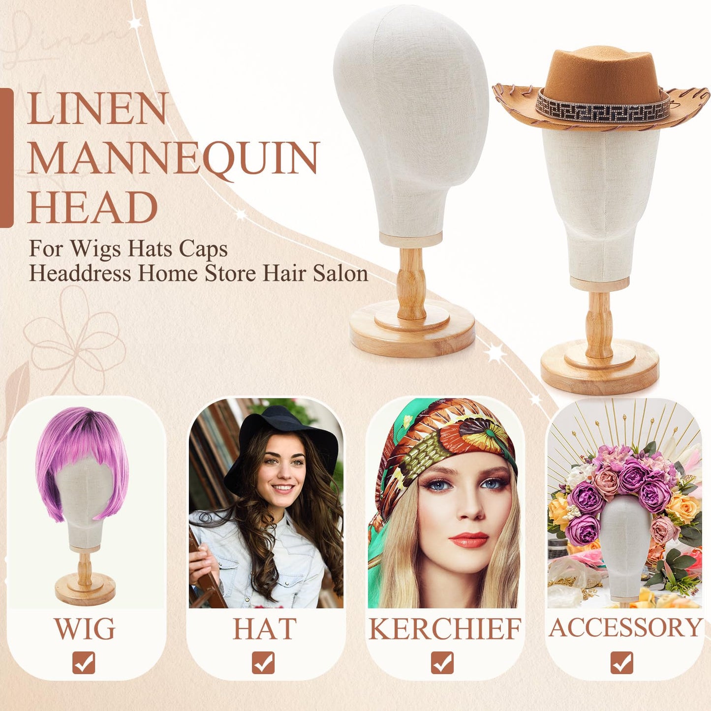 RattanView 2 Pcs Wig Stand with Head 23 Inch Linen Mannequin Head with Wooden Stand Canvas Mannequin for Hats Wigs Caps Headdress Home Store Hair Salon