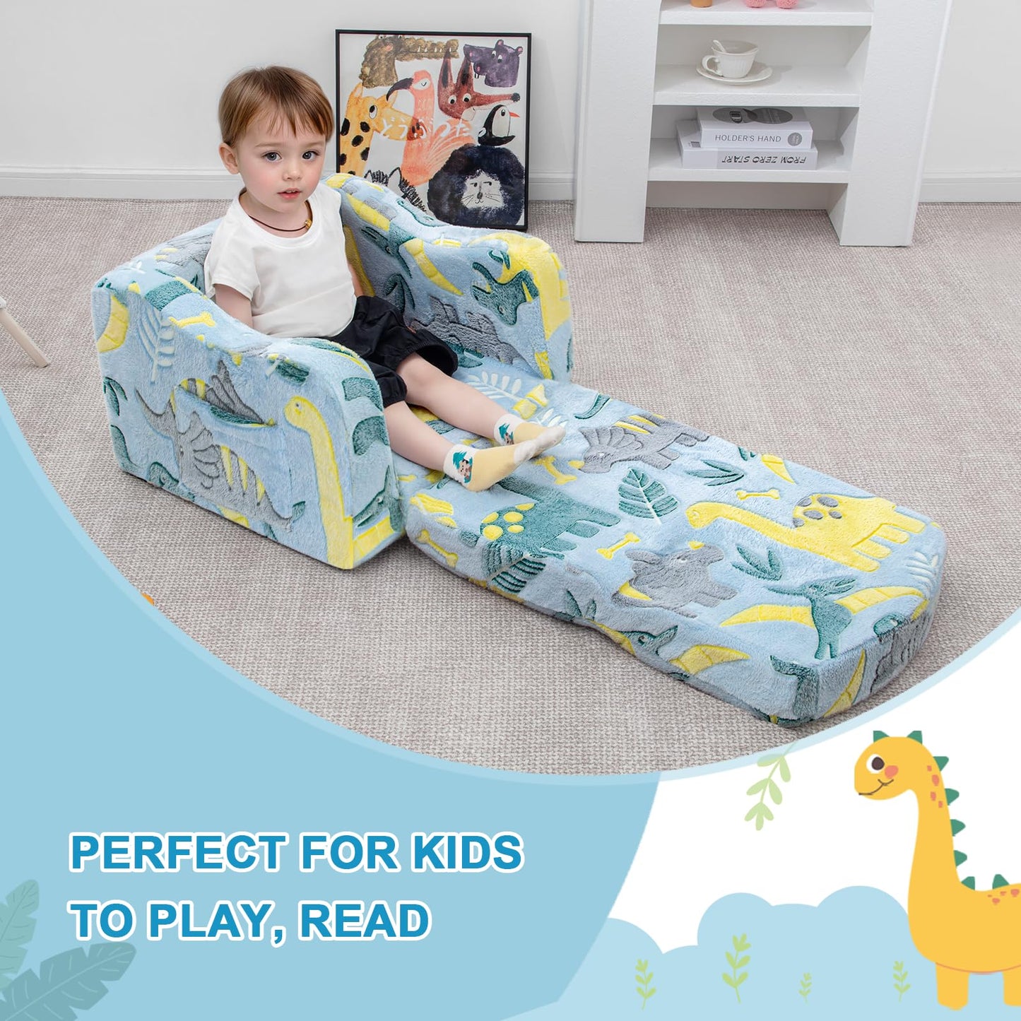 Airpanda Comfy Kids Chair and Couch with Blanket,2-in-1 Soft Fold Out Couch for Girls and Boys,Convertible Sofa Chair for Playroom, Green Dinosaur