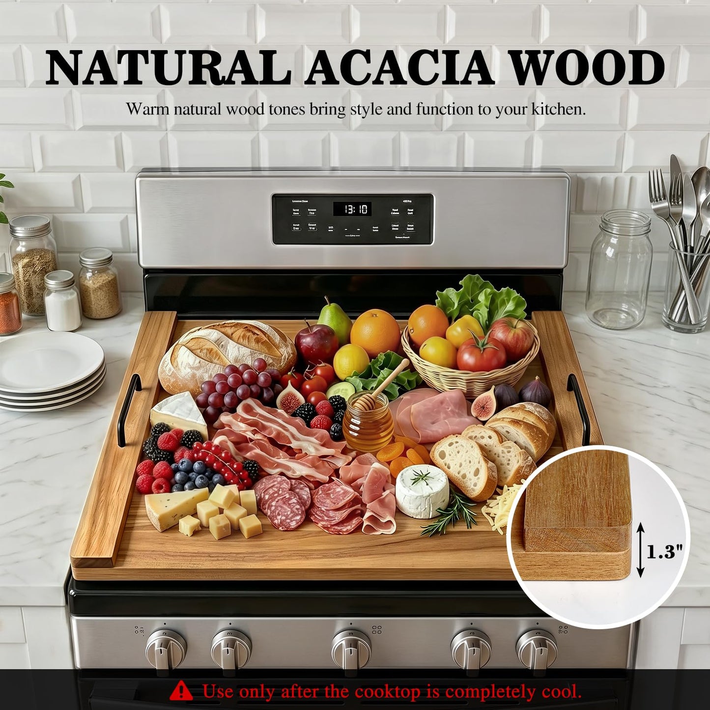 Noodle Board Stove Cover with 4 Adjustable Feet, 30" x 22" Acacia Wood Stove Top Cover for Gas Stove, Electric & Induction - Extra Counter Space, Serving Tray & Charcuterie Board for RV& Kitchen