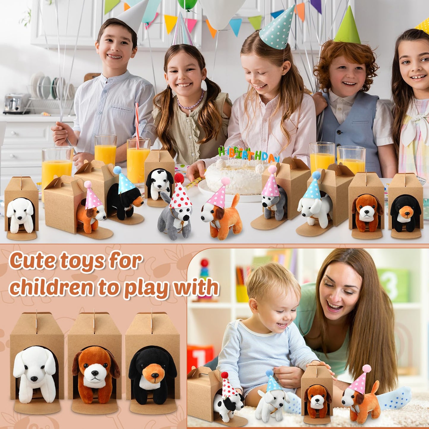 Simgoing 12 Set Mini Plush Toy Stuffed Animals Adopt a Dog Set with 12 Stuffed Dogs 12 Kraft Paper Boxes 12 Birthday Hats for Boys and Girls Animal Theme Birthday Party Favors(Brown)