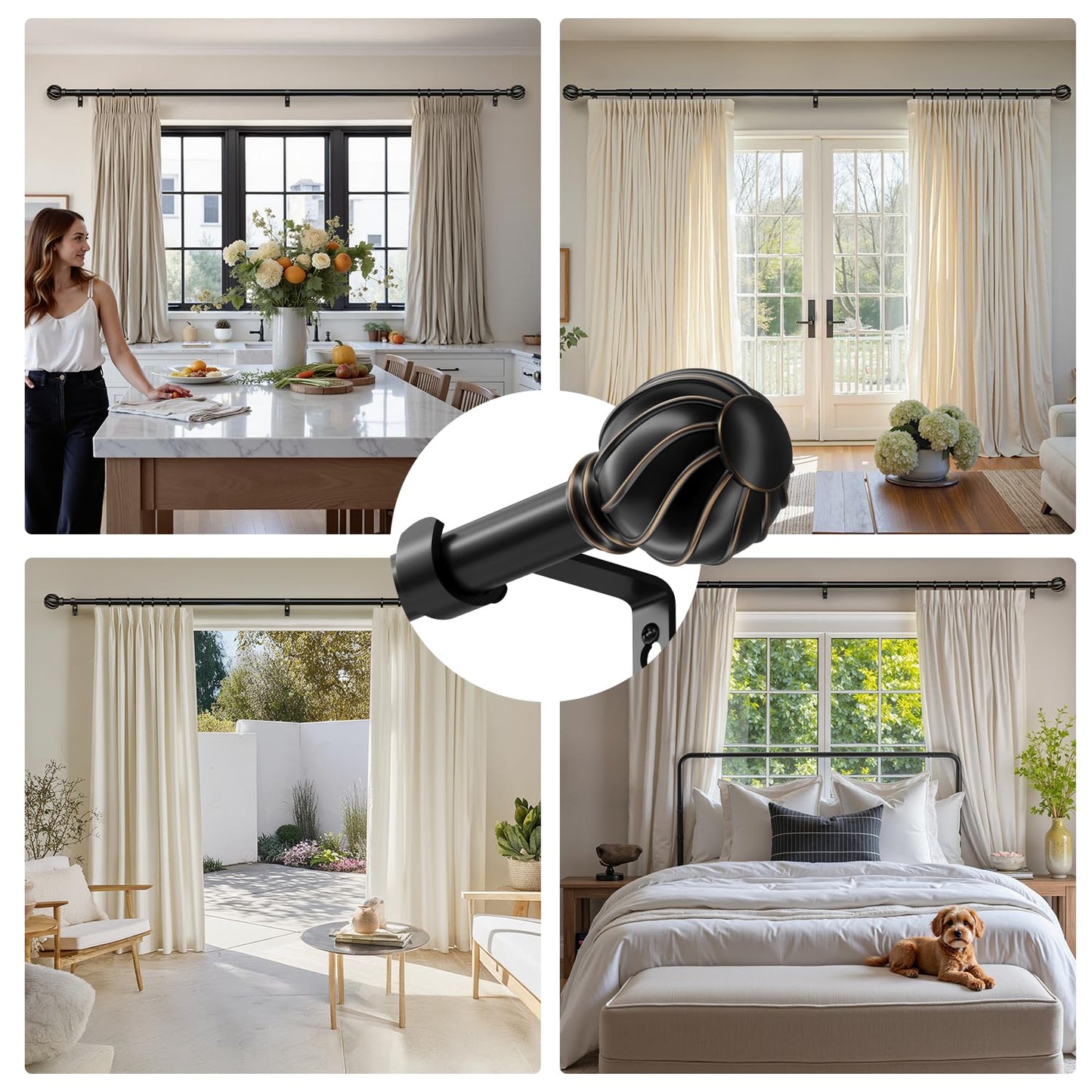 Oneach Black Curtain Rods for Windows 72 to 144 Inch, 7/8" Adjustable Heavy Duty Decorative Drapery Rods with Round Netted Texture Finials (Pack of 1, 36 to 150 Inch)