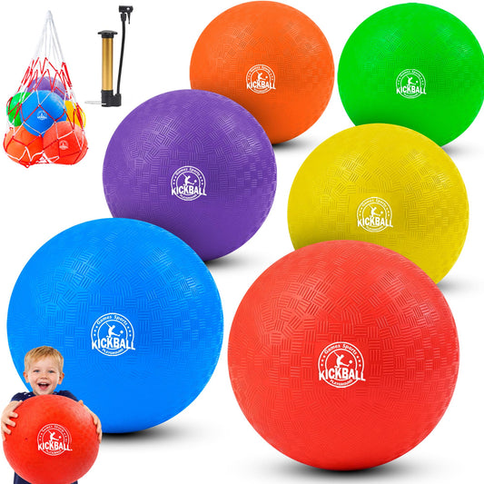COAMZPARTY 12 Inch Kickball Playground Balls, 6 Pack, for Kids and Adults, Dodgeballs for School, Outdoor and Indoor Games, with Hand Pump and Storage Bag (Multicolor 6 Set)
