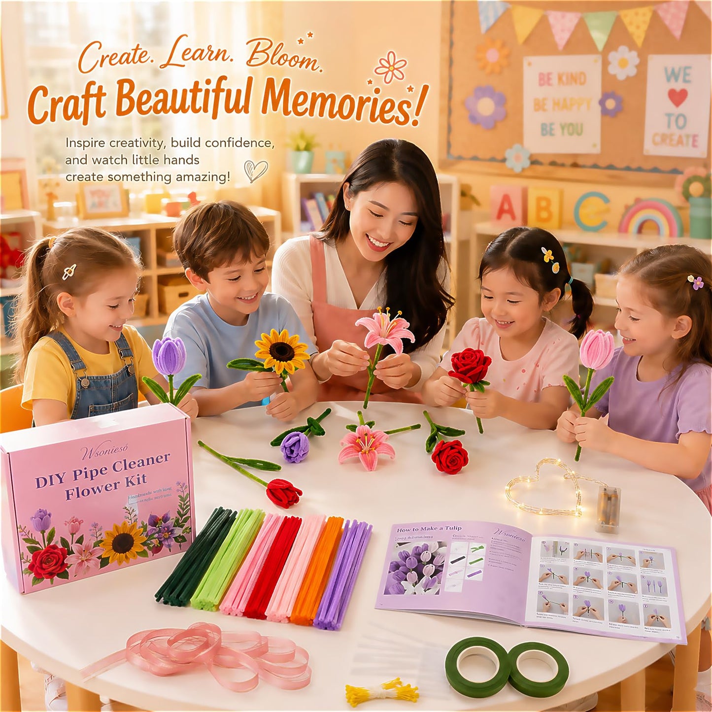 Wsomeso 600 PCS Rainbow Pipe Cleaners Flower Kit with Fairy Lights, Chenille Stems for Pipe Cleaners Craft, Tutorial Book & Video, Pastel Pipe Cleaners Bulk DIY Craft for Adults & Kids Gift