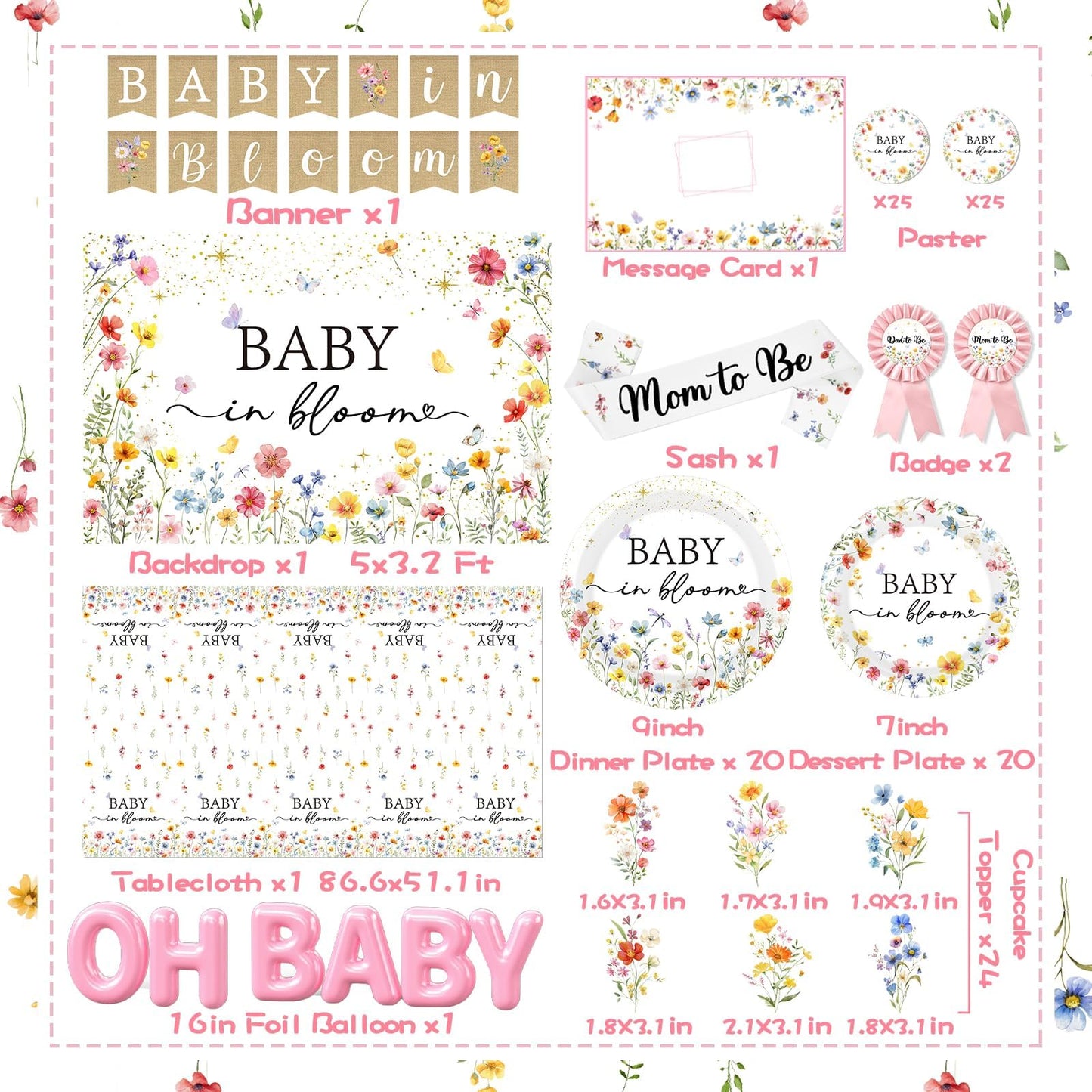275Pcs Baby in Bloom Baby Shower Decorations for Girl Wildflower Baby in Bloom Disposable Paper Plates,Balloons Arch,Cake Topper,Backdrop,Cup,Tablecloth for Floral Baby Shower Party Decor Supplies