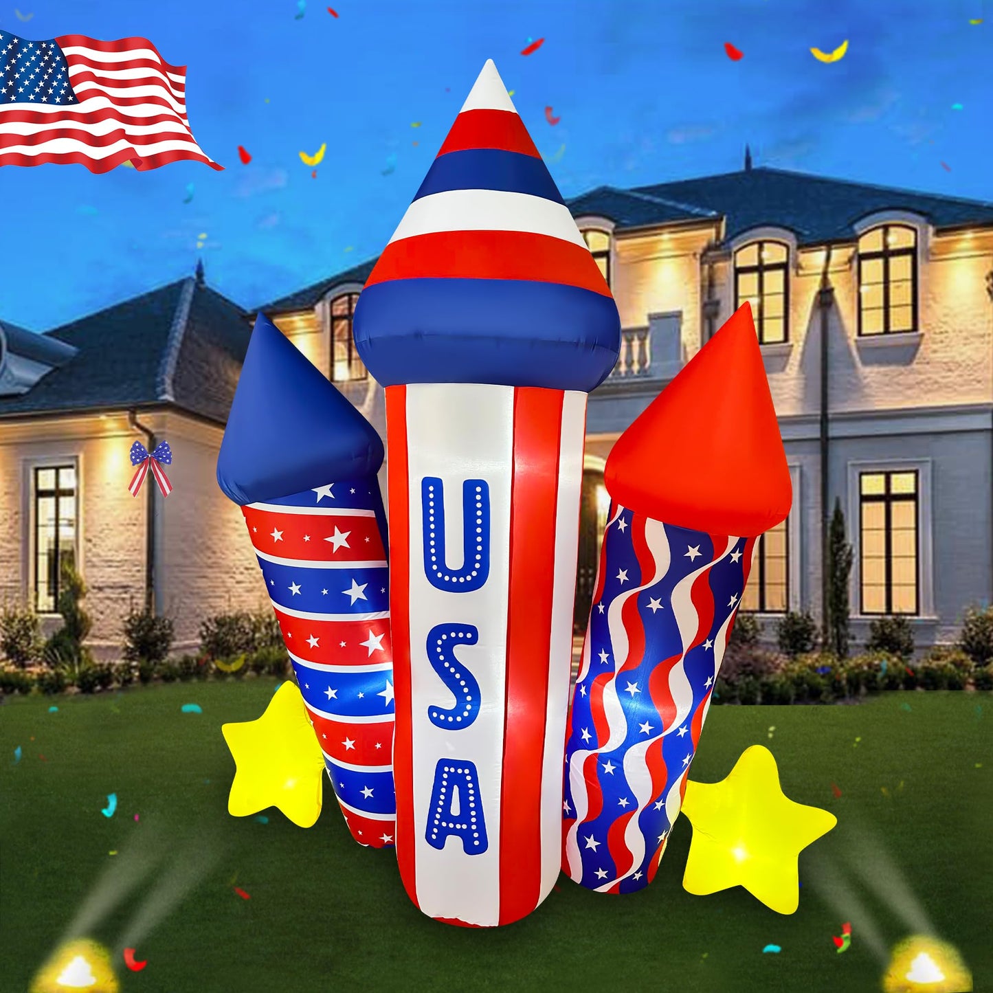 SEASONBLOW 5 Ft 4th of July Inflatables USA Rocket Decoration, LED Lighted Patriotic Independence Day Blow Up Firecracker Decor for Lawn Yard Garden Home Memorial Day 250th Anniversary