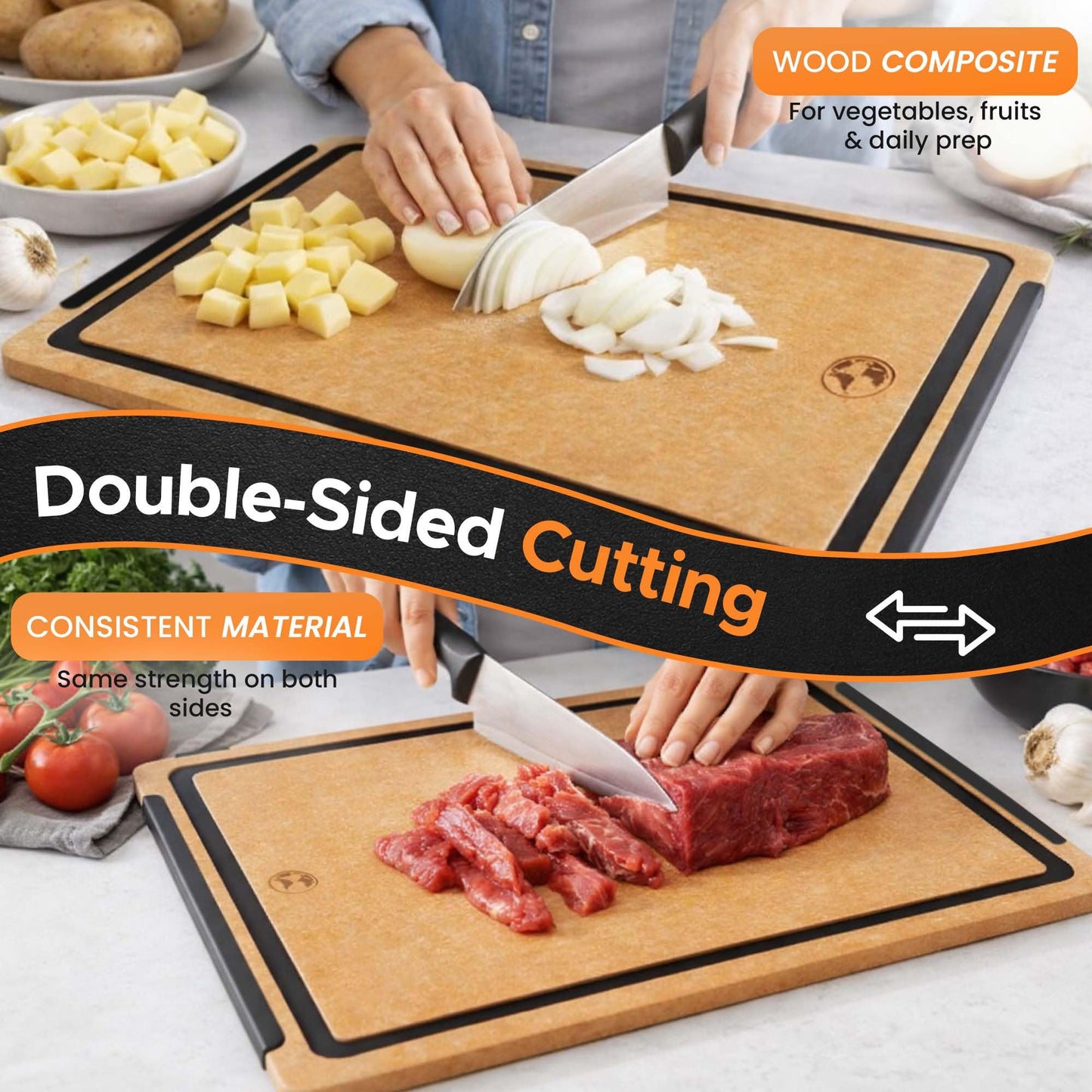 Earth's Dreams Composite Wood Cutting Board Set of 3 – Built In Juice Groove, Dishwasher Safe,Cutting Boards for Kitchen – Large, Medium & Small Non-Slip Wood Charcuterie & Chopping Boards (Tan/Black)