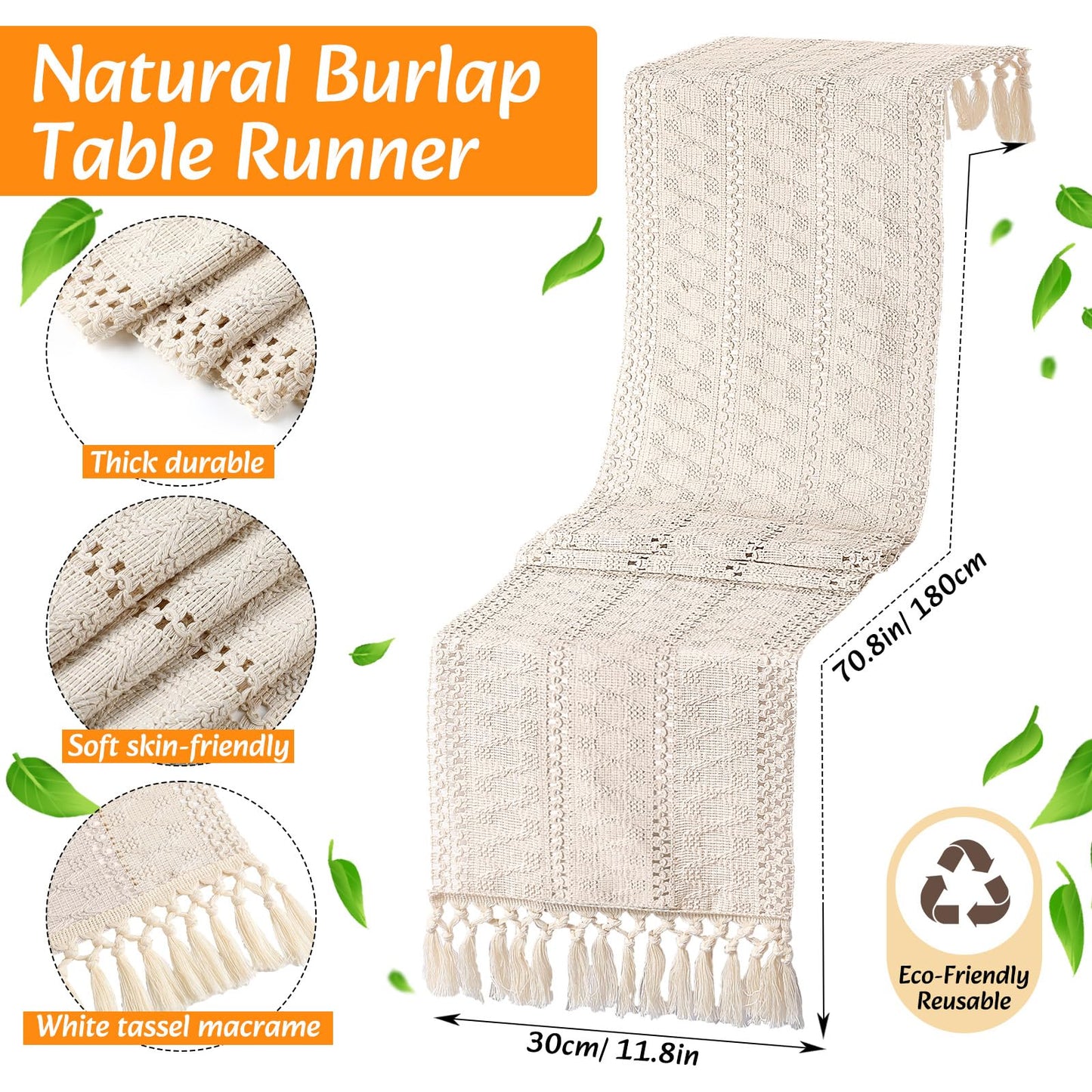 Gandeer 6 Sets Boho Placemats Round Woven Placemats, Cloth Napkins, Wood Bead Napkin Rings, Long Table Runner and Farmhouse Rustic Natural Burlap Cotton for Kitchen Dining Table Home (White)