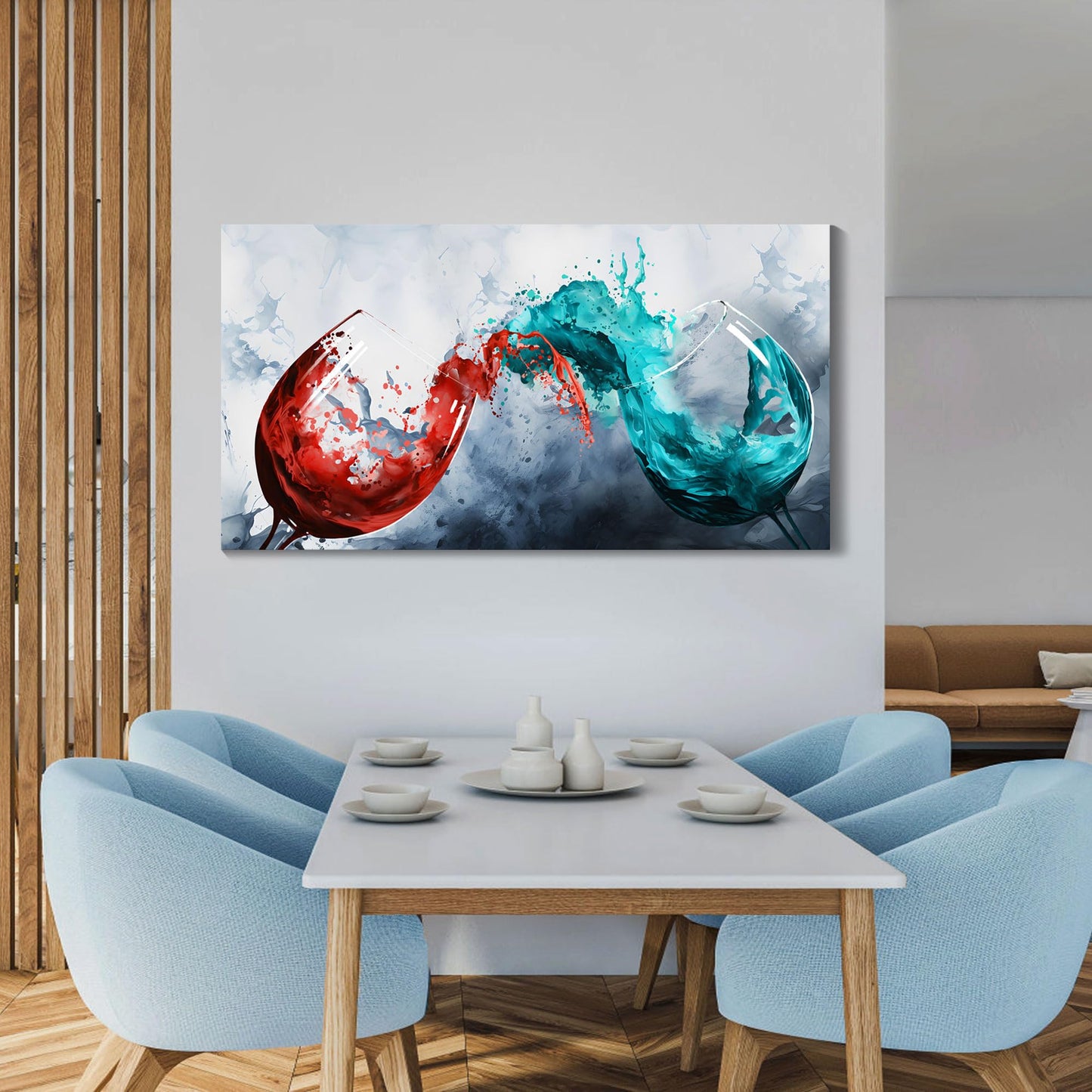 Pogusmavi Dining Room Wall Art Wine Glass Canvas Wall Pictures Kitchen Art Wall Decor Blue & Red Wine Cups Painting Modern Wall Art for Living Room Office Artwork Wall Decor 29x58IN