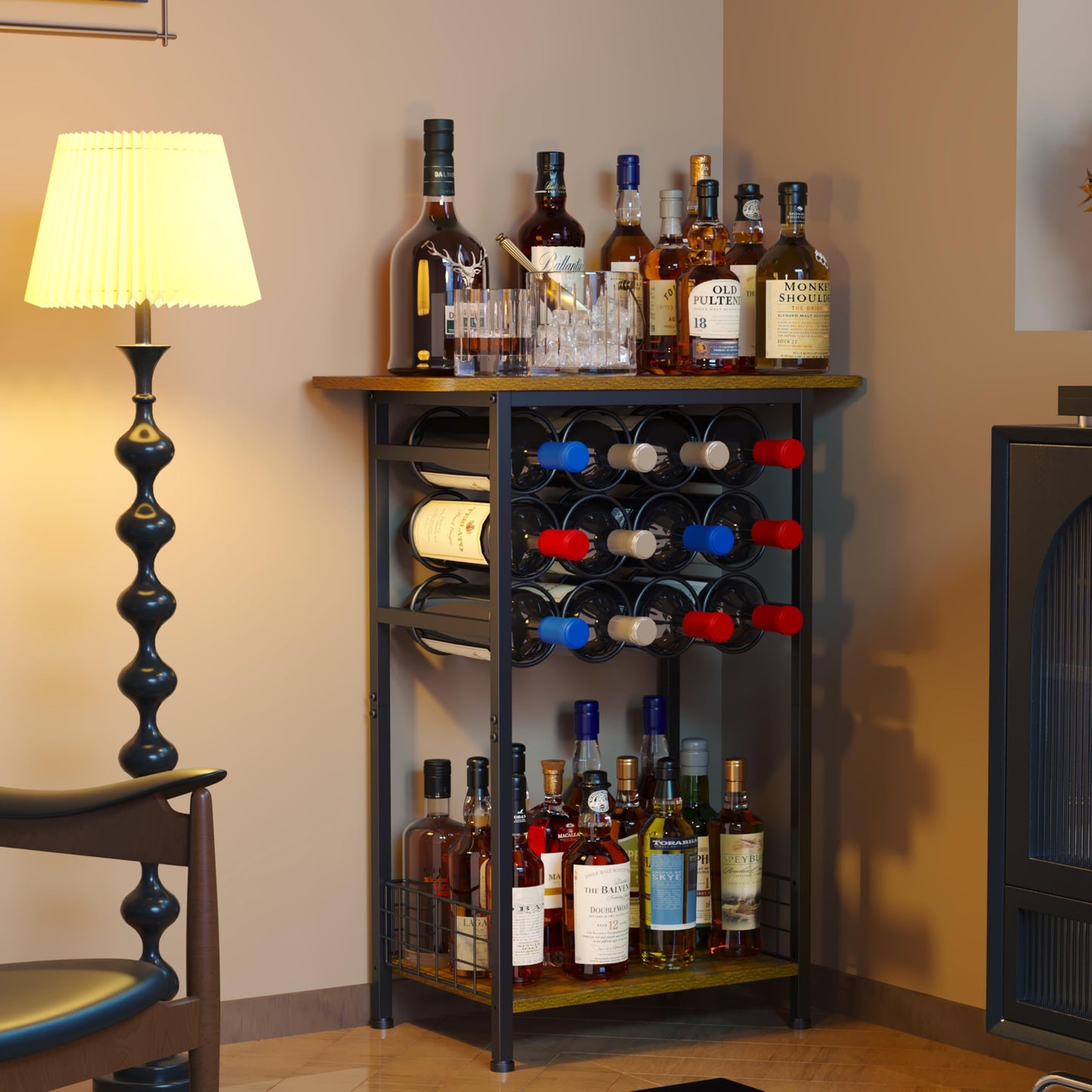 3-Tier Wine Rack Freestanding Floor Cabinet Corner Bar Cabinet Bar Cart,12 Individual Wine Storage Bottle Compartments Corner Bar Cabinet Holder,Wood + Black Frame Liquor Cabinet,Small Shelf For Homes