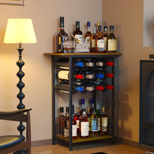 3-Tier Wine Rack Freestanding Floor Cabinet Corner Bar Cabinet Bar Cart,12 Individual Wine Storage Bottle Compartments Corner Bar Cabinet Holder,Wood + Black Frame Liquor Cabinet,Small Shelf For Homes