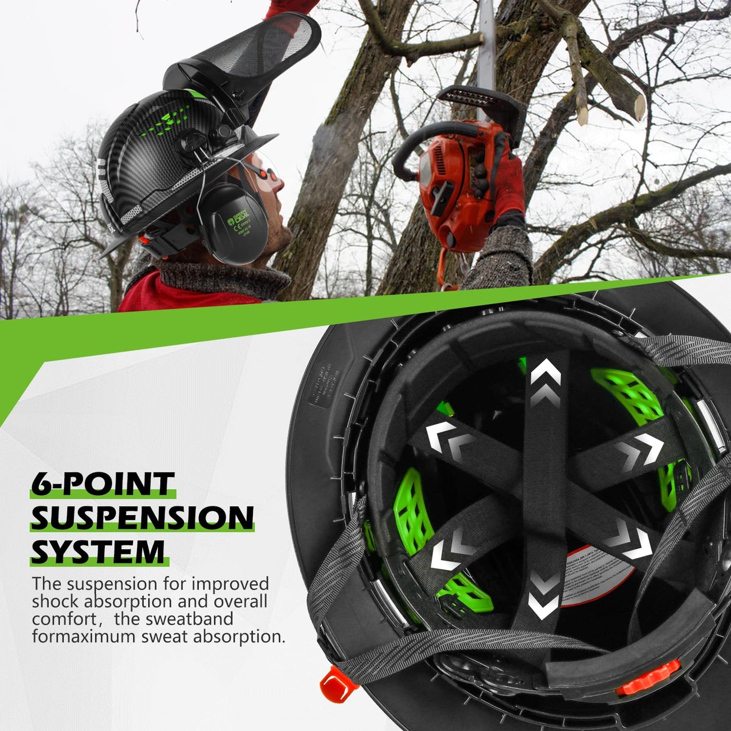 GREEN DEVIL Industrial Chainsaw Helmet with Face Shield Built in Visor and Ear Muffs 4 in 1 System ANSI Z89.1 Safety Hard Hat Adjustable Headgear Ideal for Forestry and Arborist Work Full Brim Style
