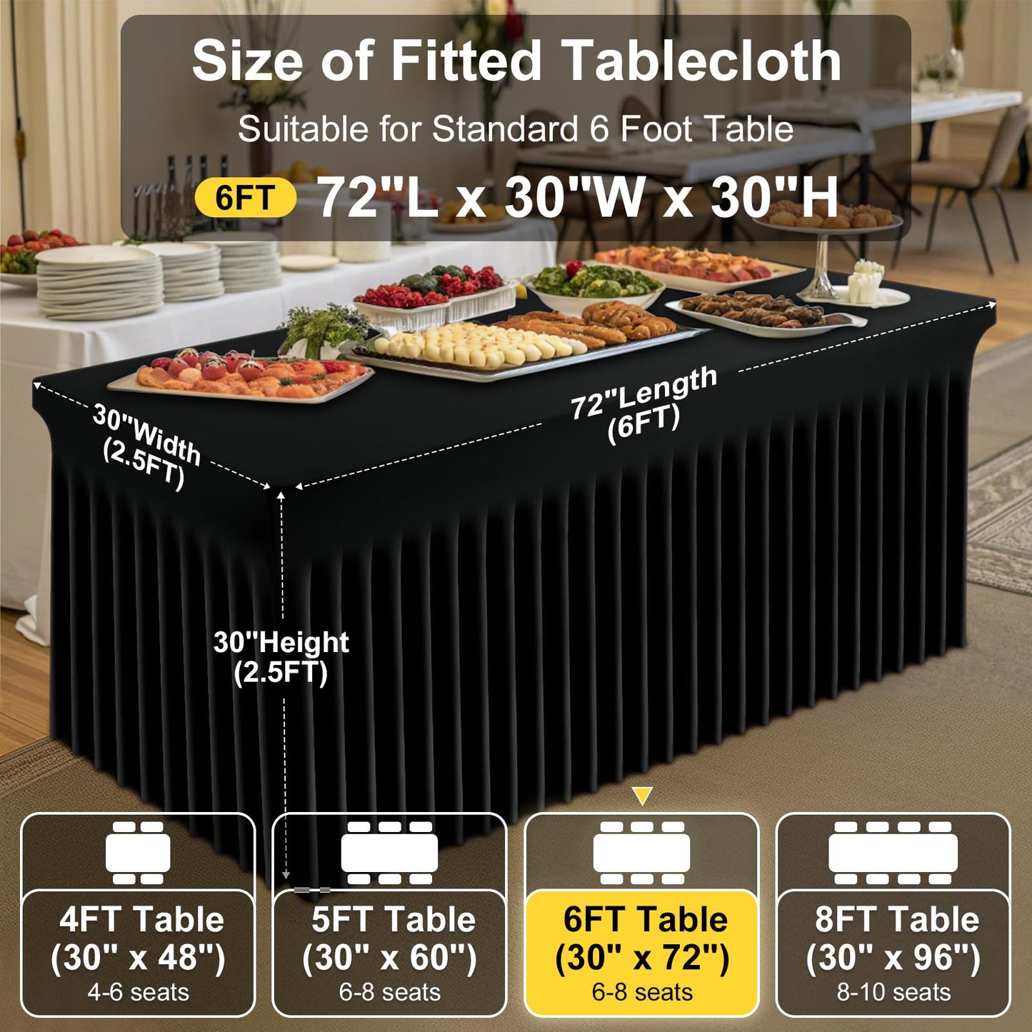 Smiry Spandex Tablecloth 2 Pack, Elastic Fitted Stretch Tablecloth for 6FT Rectangle Tables, Waterproof Washable Table Cover Skirt for Outdoor, Wedding, Banquet & Parties (Black, 72Lx30Wx30H Inch)