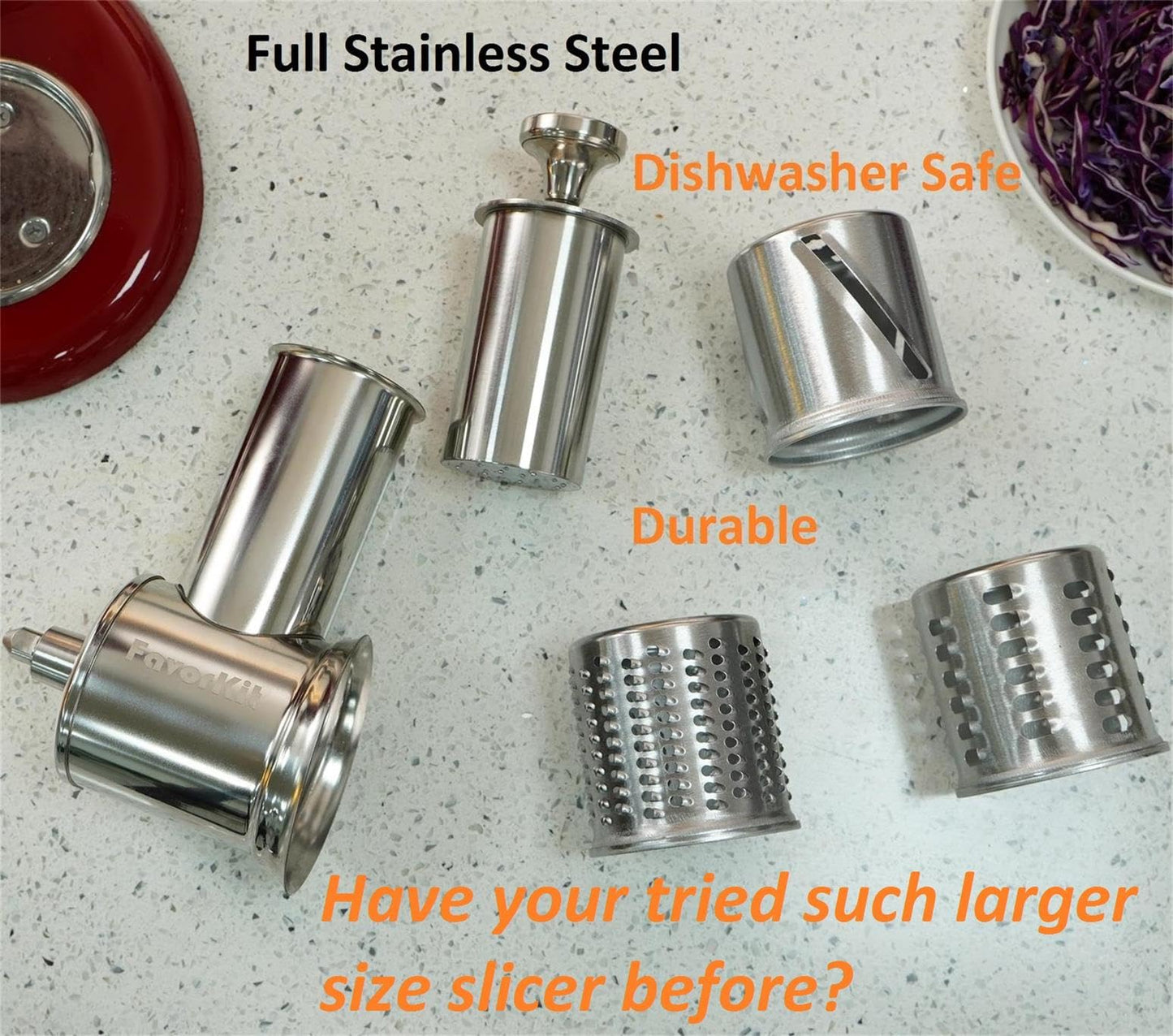 FavorKit Large Stainless Steel Slicer Shredder Attachment for KitchenAid Mixers, Dishwasher Safe Salad Maker, Cheese Grater Accessories with 3 Blades & 1 Knob Thumb Screw