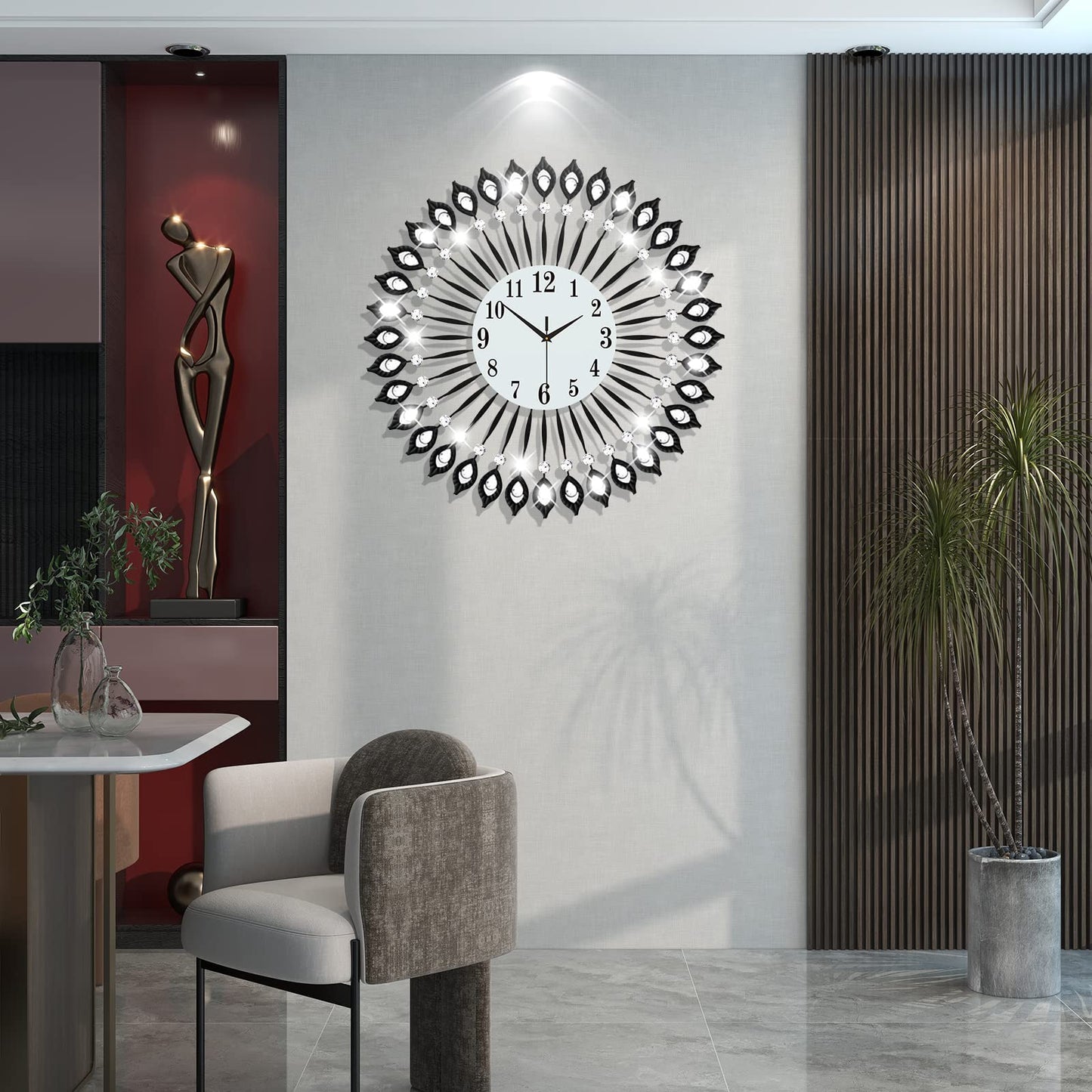 JTWALCLOCK Modern Large Wall Clock for Living Room Decor Extra Wall Clock for Bedroom Kitchen Office Indoor 24 Inches Home Decoration Big Black Crystal Wall Clocks Battery Operated Non Ticking Quartz
